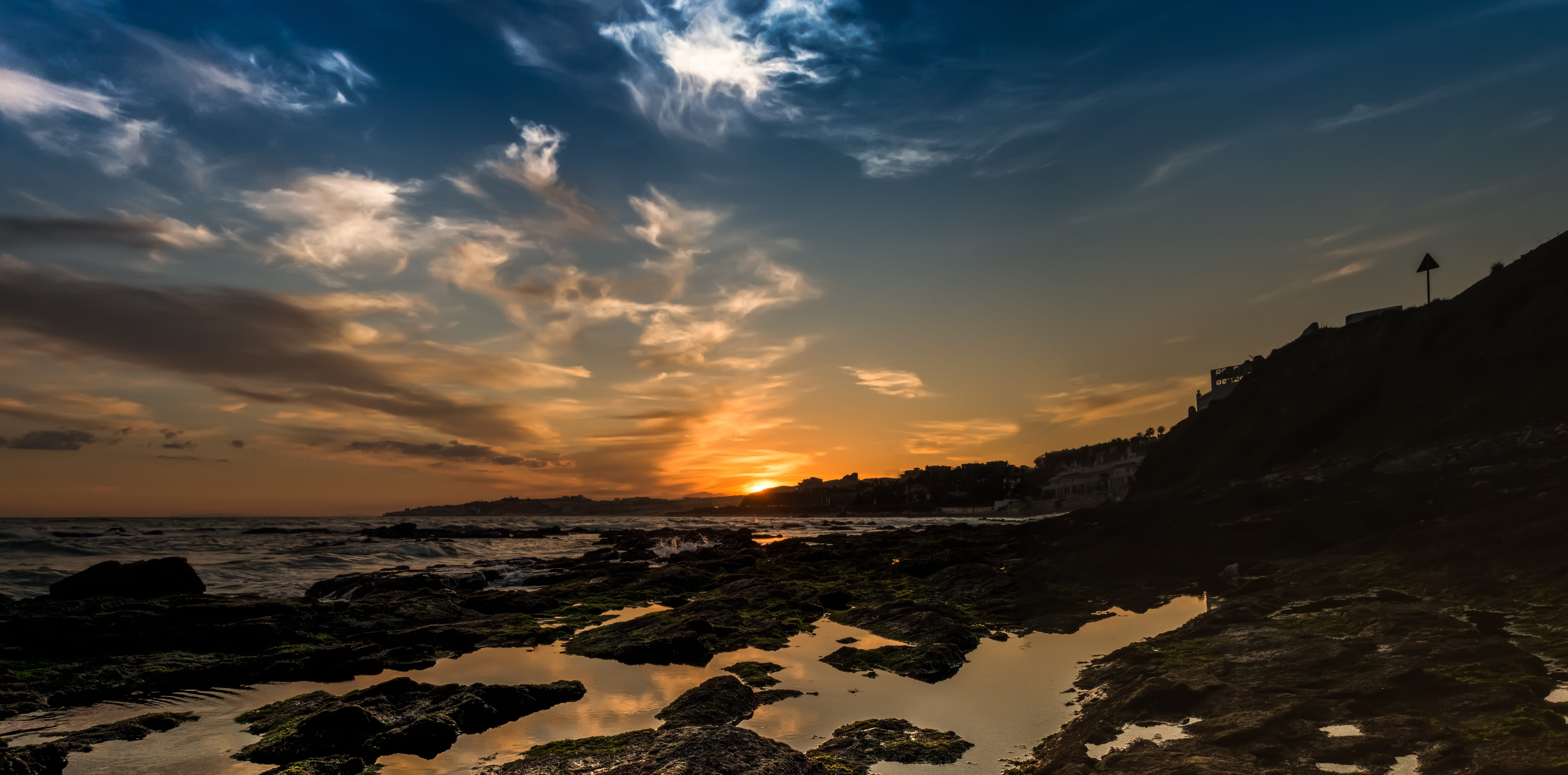 tranquil scene, waves, tranquility, nature, rays, scenics - nature, outdoors, mijas, sea, beach, land, cloud - sky, rock, clouds, blue, no people, andalusia, HD Wallpaper