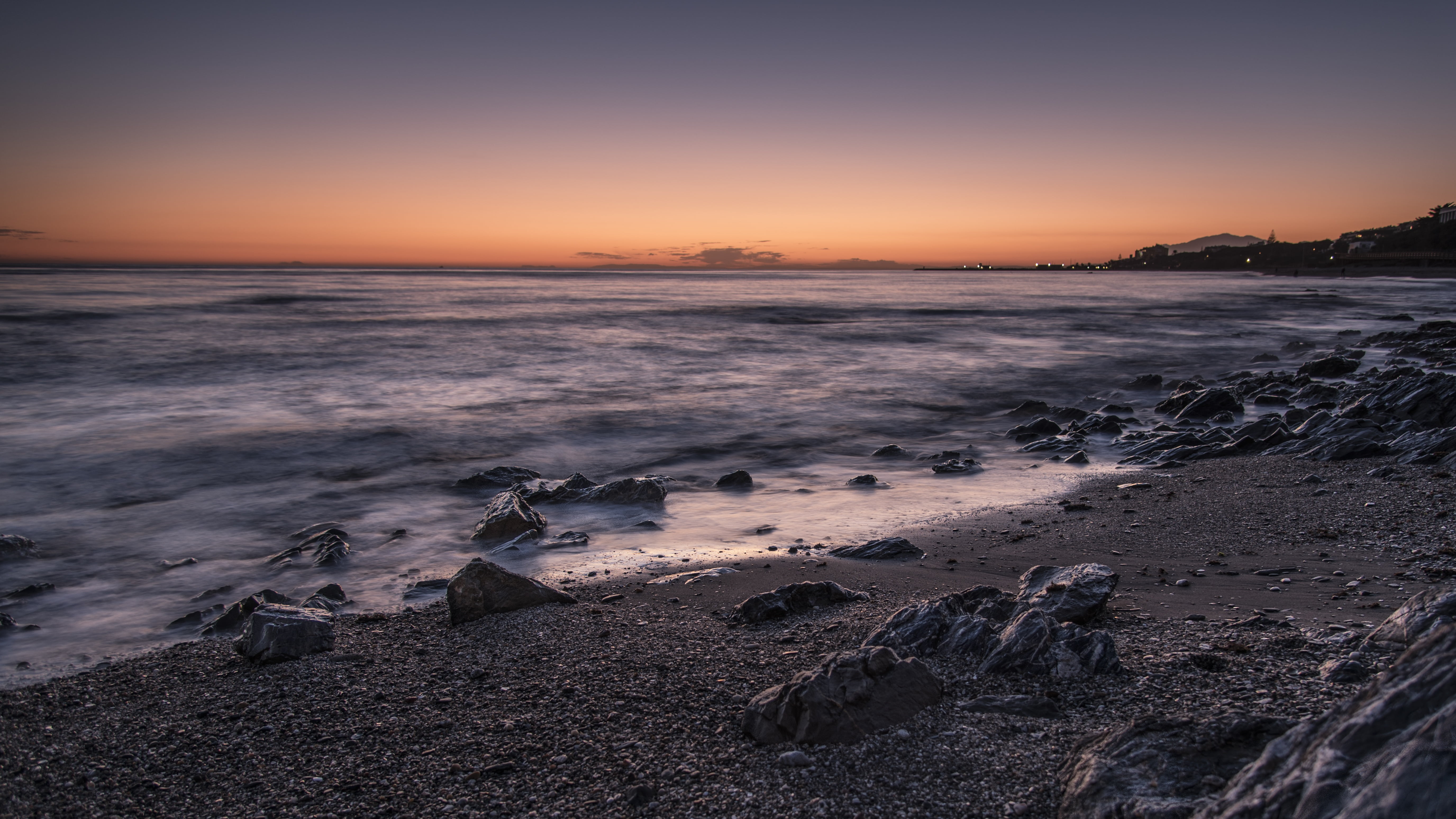 sunset, outdoors, tranquility, sky, peaceful, calahonda, wave, mijas, water, beauty in nature, horizon, costa del sol, beach, no people, land, long exposure, HD Wallpaper