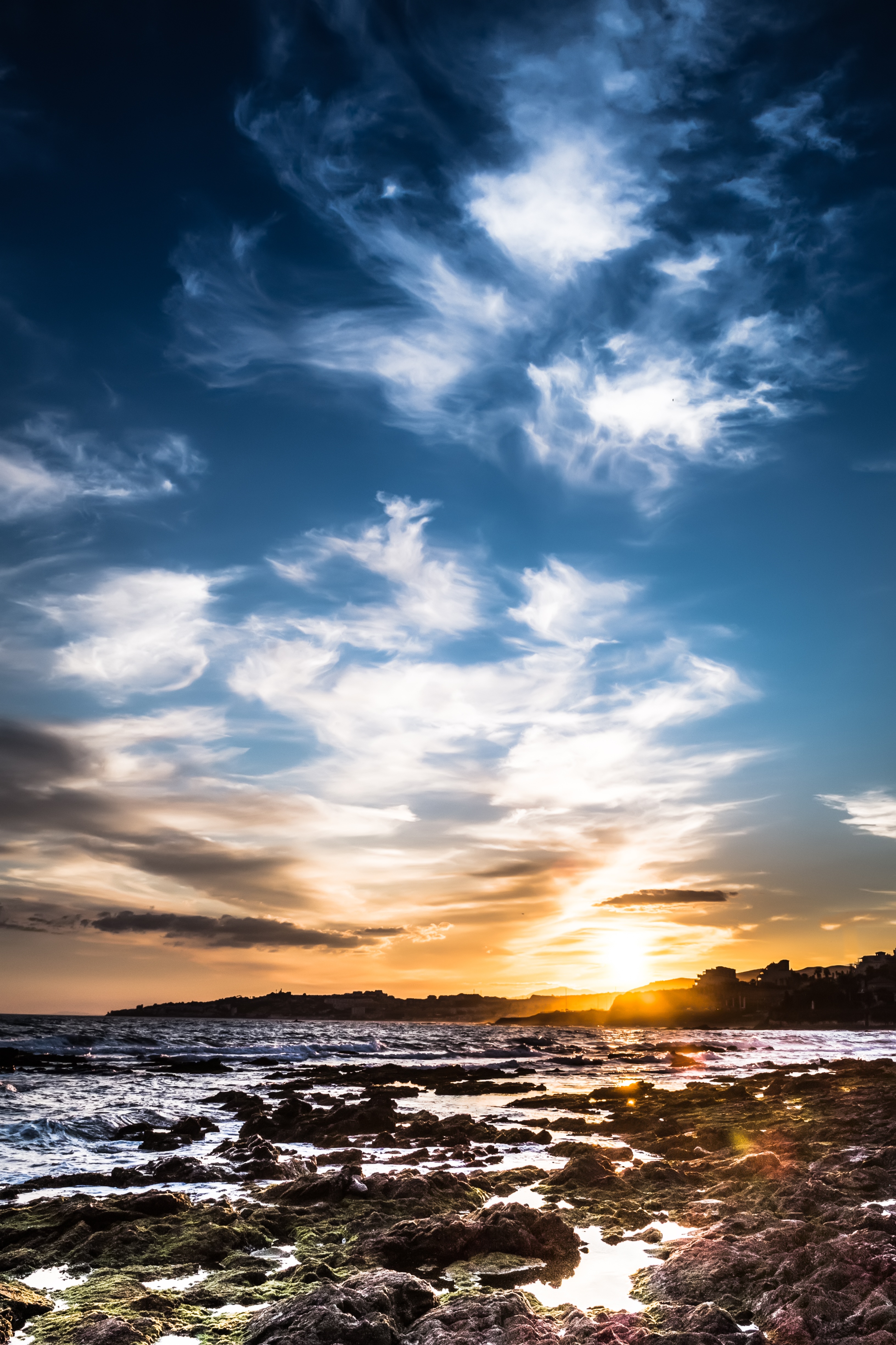clouds, no people, orange color, horizon, tranquil scene, tranquility, sea, non-urban scene, sunset, water, 4K, nature, beach, orange, andalusia, mijas, Phone HD Wallpaper