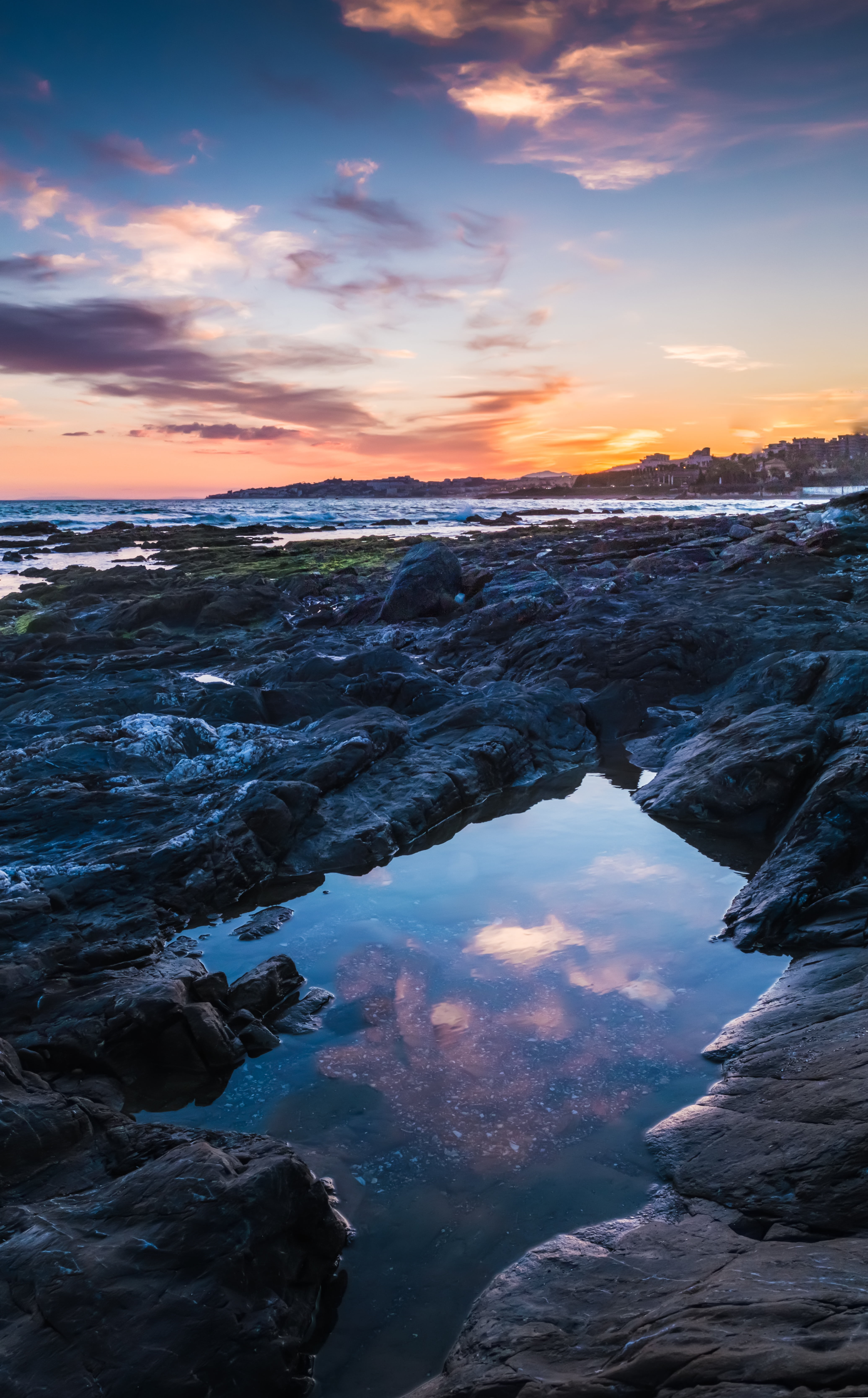 orange color, clouds, sunset, scenics - nature, horizon over water, cloud - sky, water, land, rock, malaga, rays, non-urban scene, beauty in nature, costa, Phone HD Wallpaper