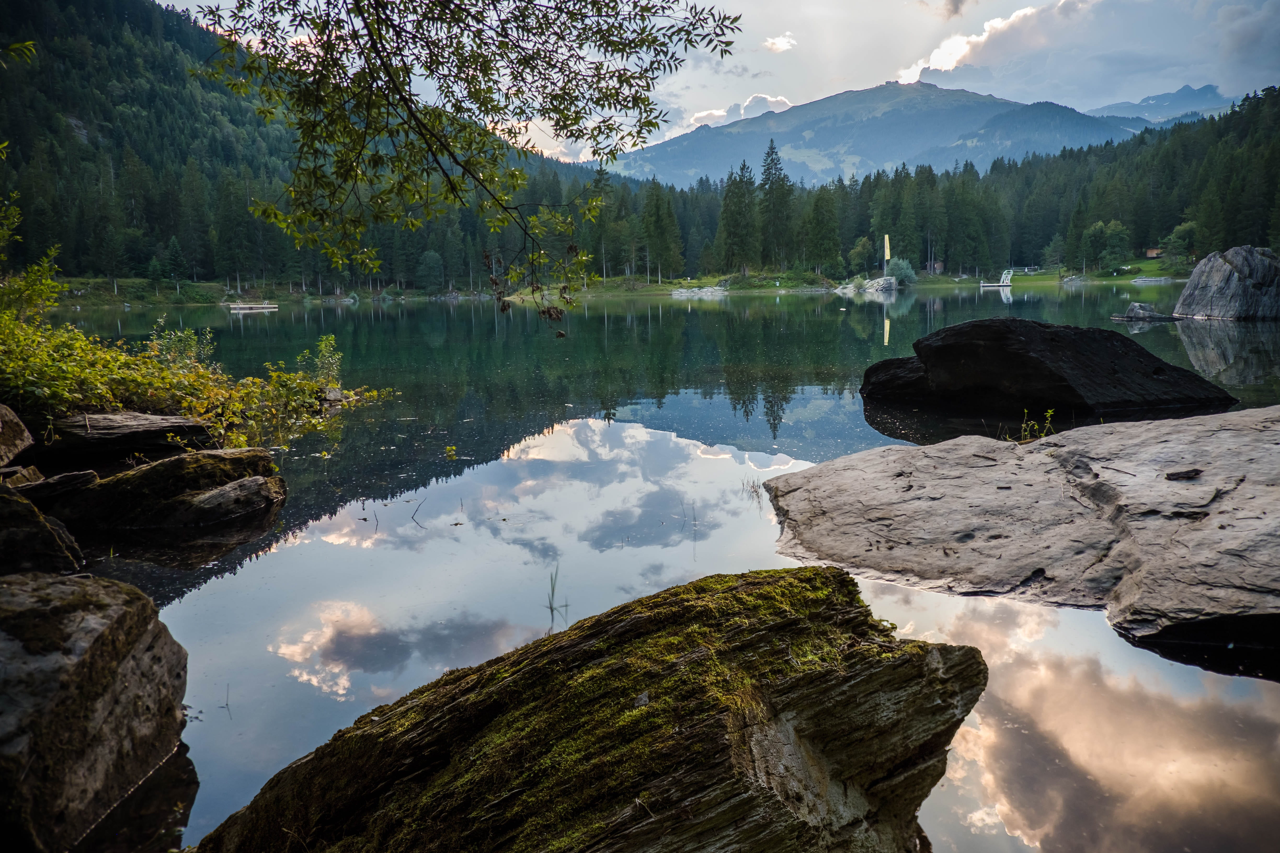 evening, alpine, nature, cloud - sky, panorama, formation, idyllic, tranquility, no people, clouds, water, rock, coniferous tree, forest, 4K, bergsee, HD Wallpaper