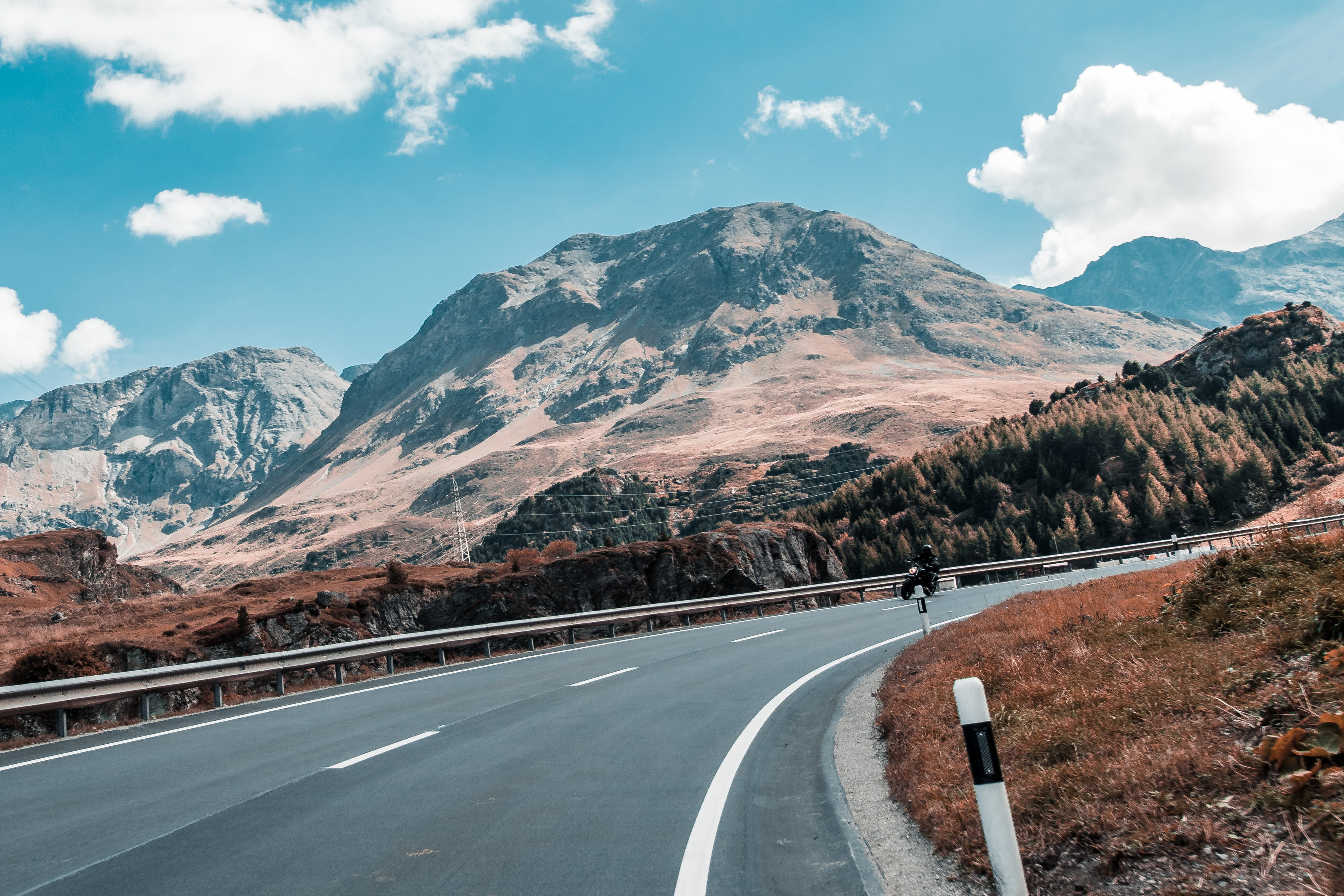 road marking, forest, diminishing perspective, marking, street, non-urban scene, no people, nature, mountain range, motorcycle, mountain, tranquil scene, HD Wallpaper