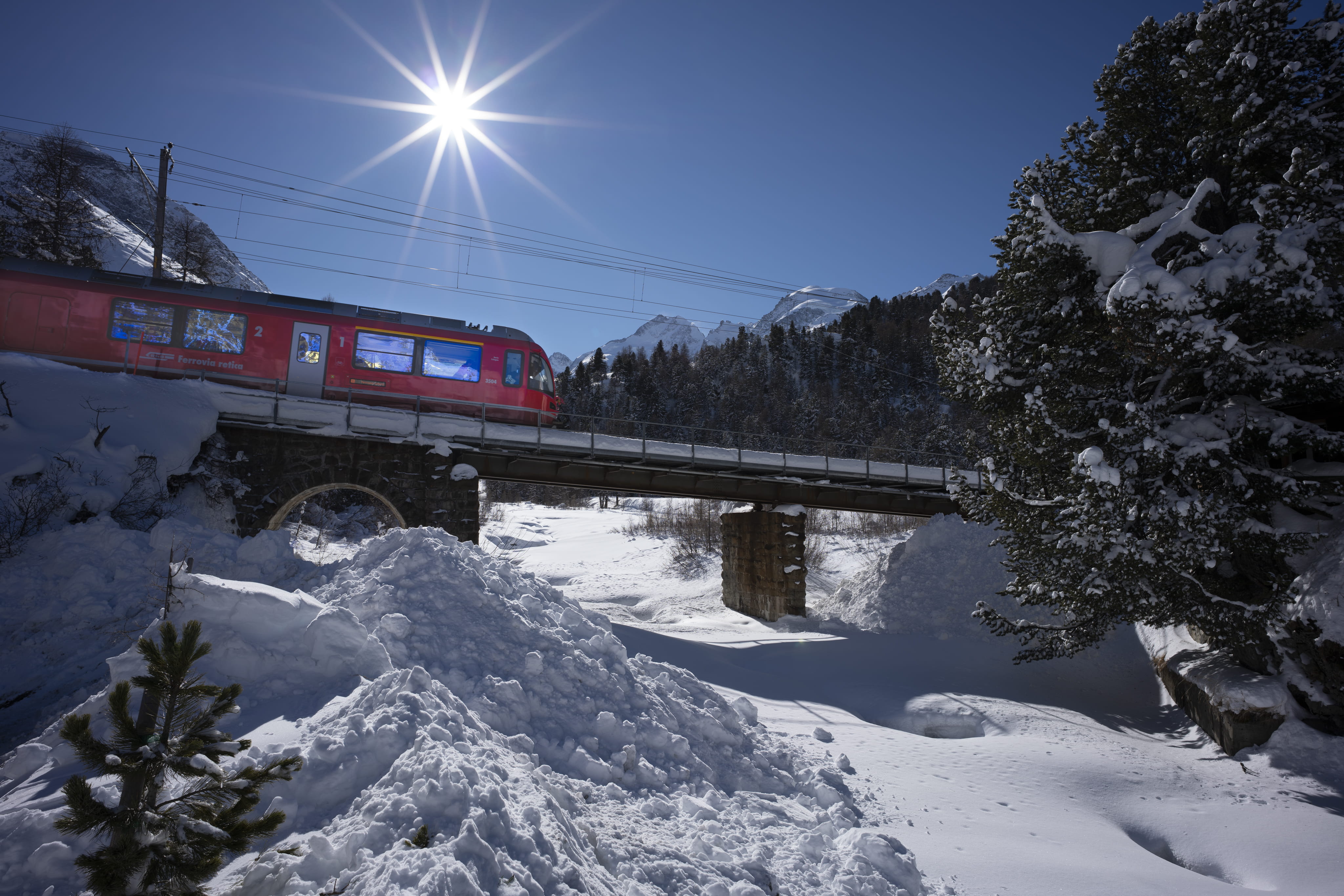 Switzerland, cold temperature, architecture, outdoors, no people, beauty in nature, railroad, built structure, Mountains, Engadin, red, transportation, HD Wallpaper