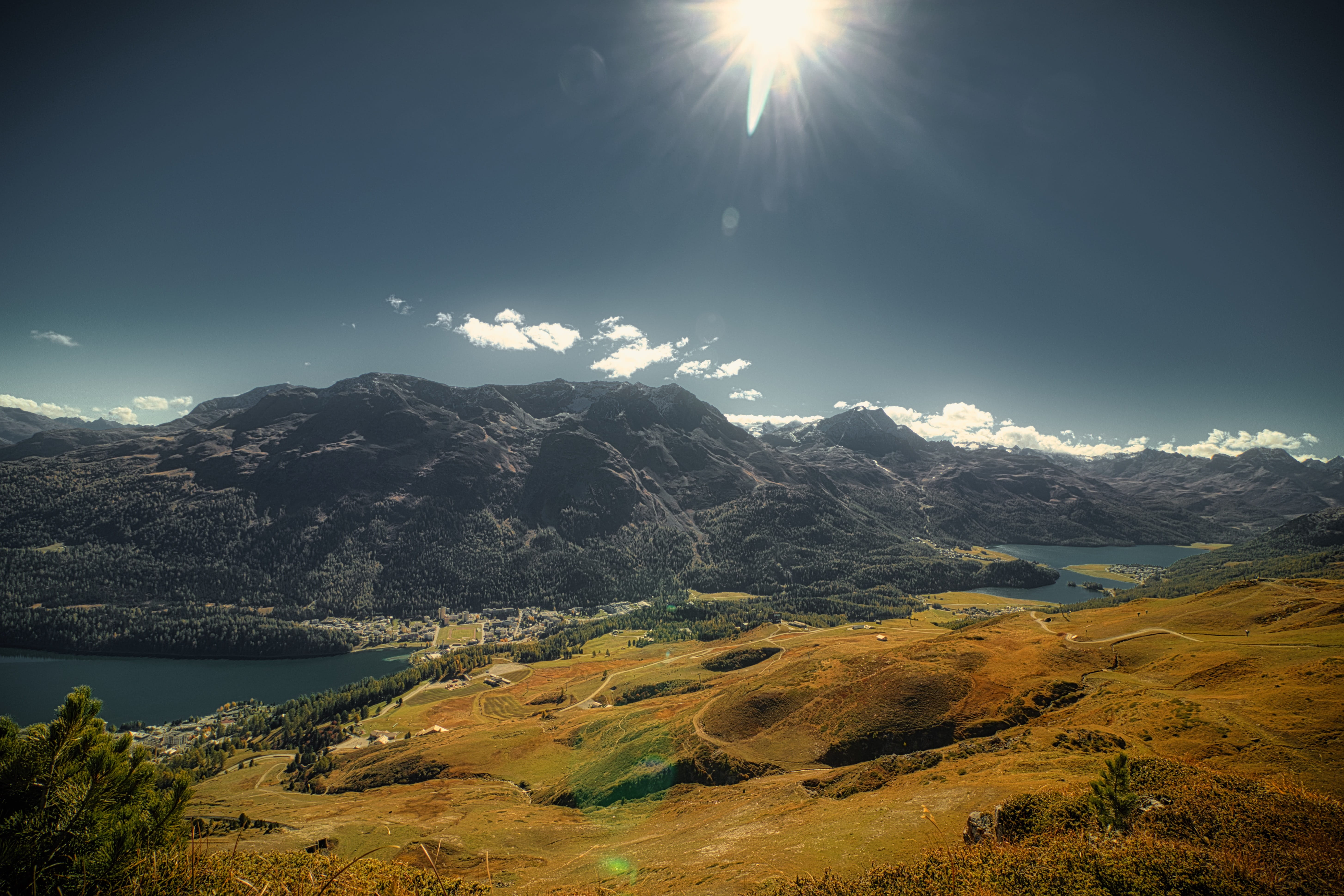 landscape, tranquility, bright, mountains, scenics - nature, hiking, outdoors, water, cloud - sky, no people, tranquil scene, lens flare, sky, nature, snowcapped mountain, HD Wallpaper