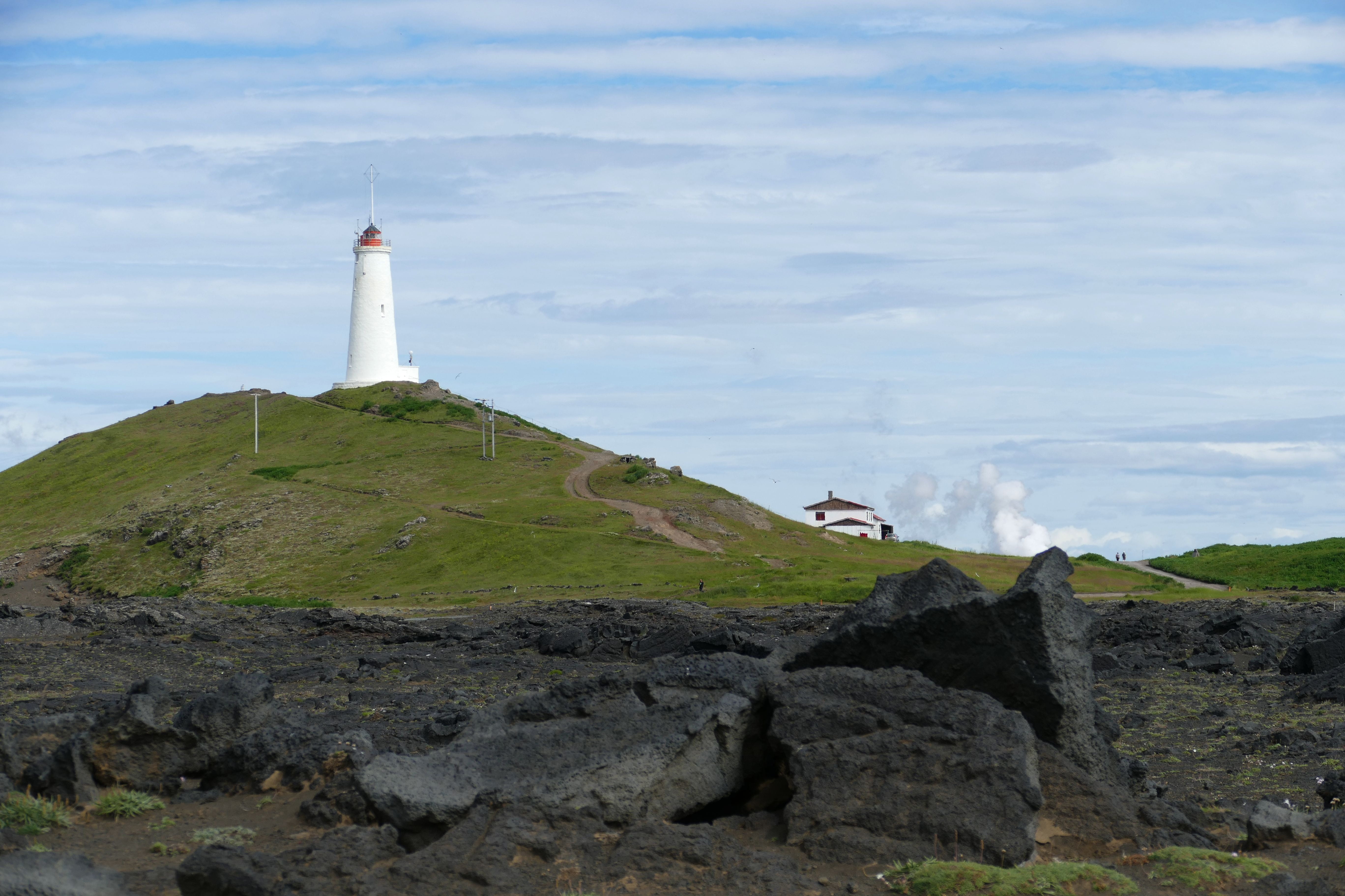 rock - object, lighthouse, landscape, reykjanes, solid, lava, day, nature, guidance, scree, security, volcanic, plant, built structure, glacier, outdoors, HD Wallpaper