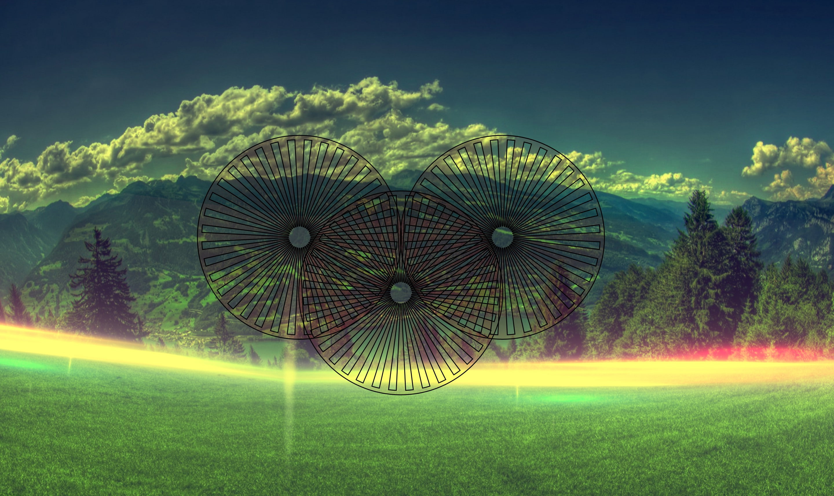 field, green color, spinning, Polyscape, cloud - sky, geometry, nature, sky, tree, 2K, day, multi colored, wheel, motion, outdoors, land, plant, beauty in nature, HD Wallpaper