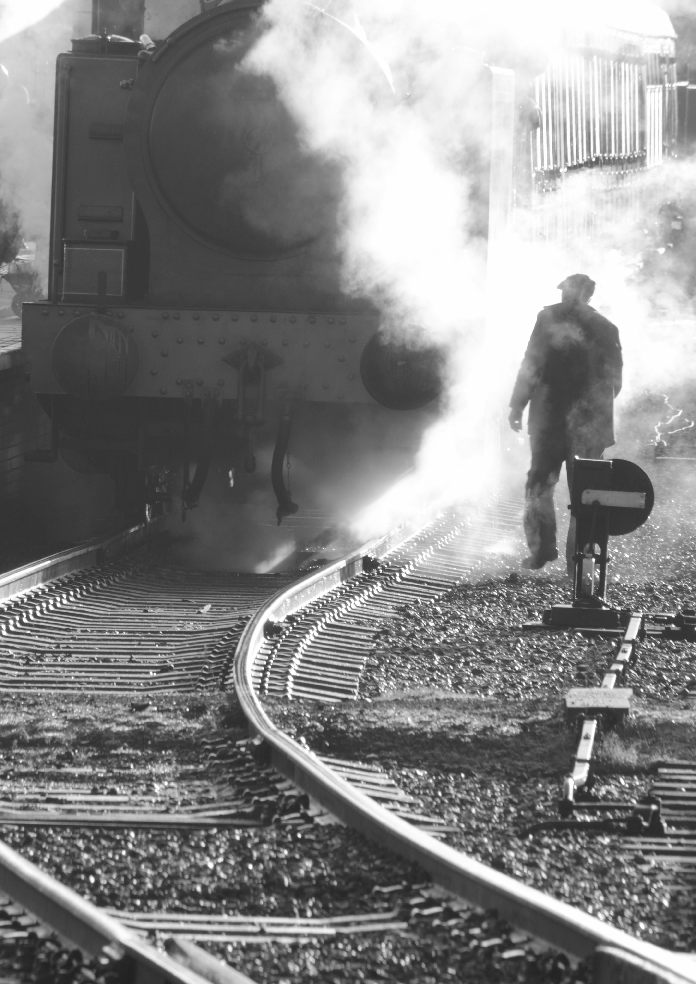 engine, wheel, rail, men, historical, rails, railroad, communication, transportation, spectator, steam, people, journey, nature, vintage, 4K, standing, Phone HD Wallpaper