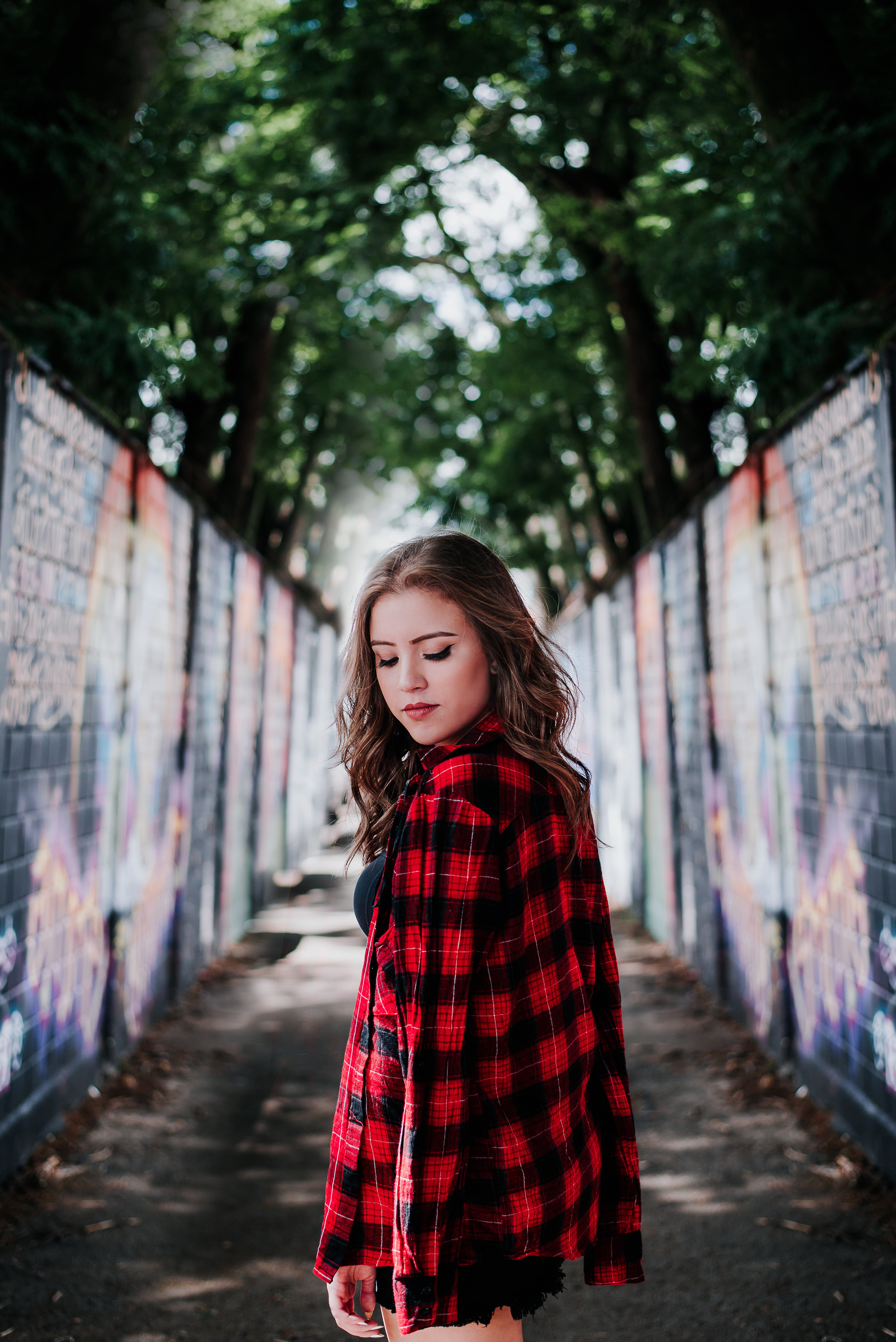 plaid shirt, 5K, checked pattern, pretty, facial expression, casual clothing, person, pretty girl, narrow, standing, outdoors, closed eyes, day, hair, Phone HD Wallpaper
