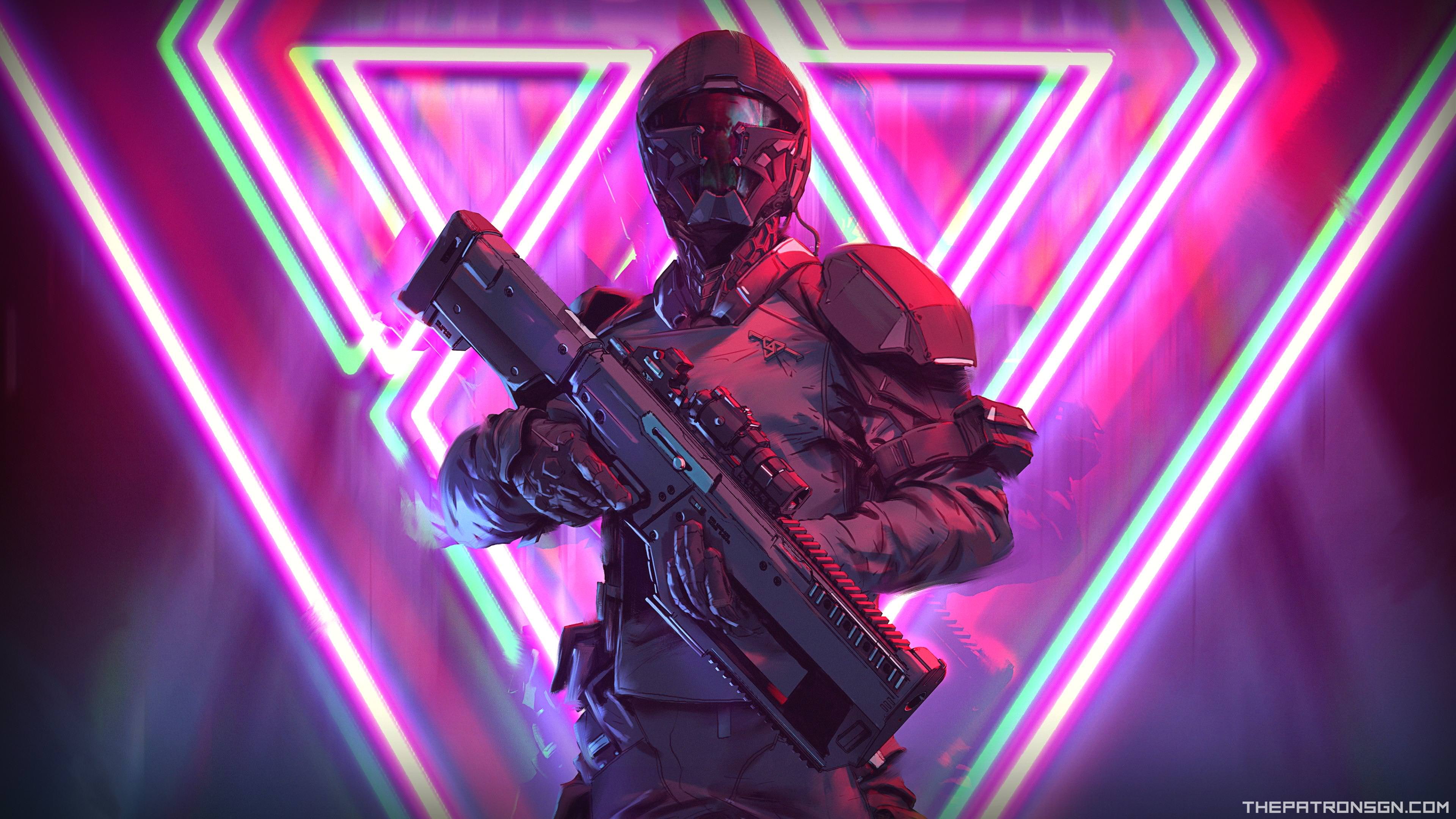 Weapon, Assault Rifle, Neon, Soldier, Futuristic, Sci Fi, Warrior, 4K, Cyberpunk, HD Wallpaper