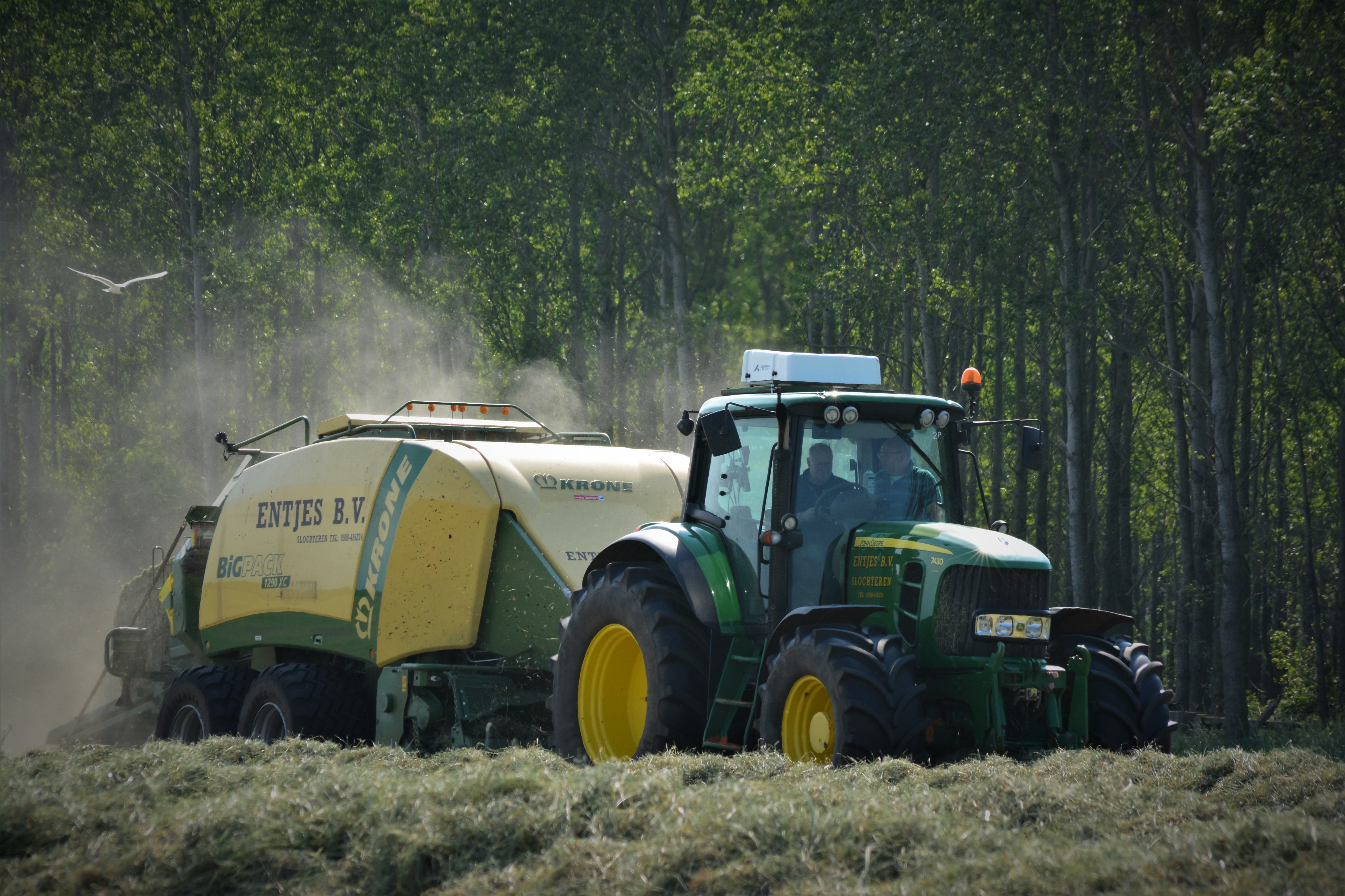 green color, day, hay bales, no people, tree, field, agricultural machine, wage operating, farm, stationary, harvester, machinery, netherlands, plant, land vehicle, HD Wallpaper