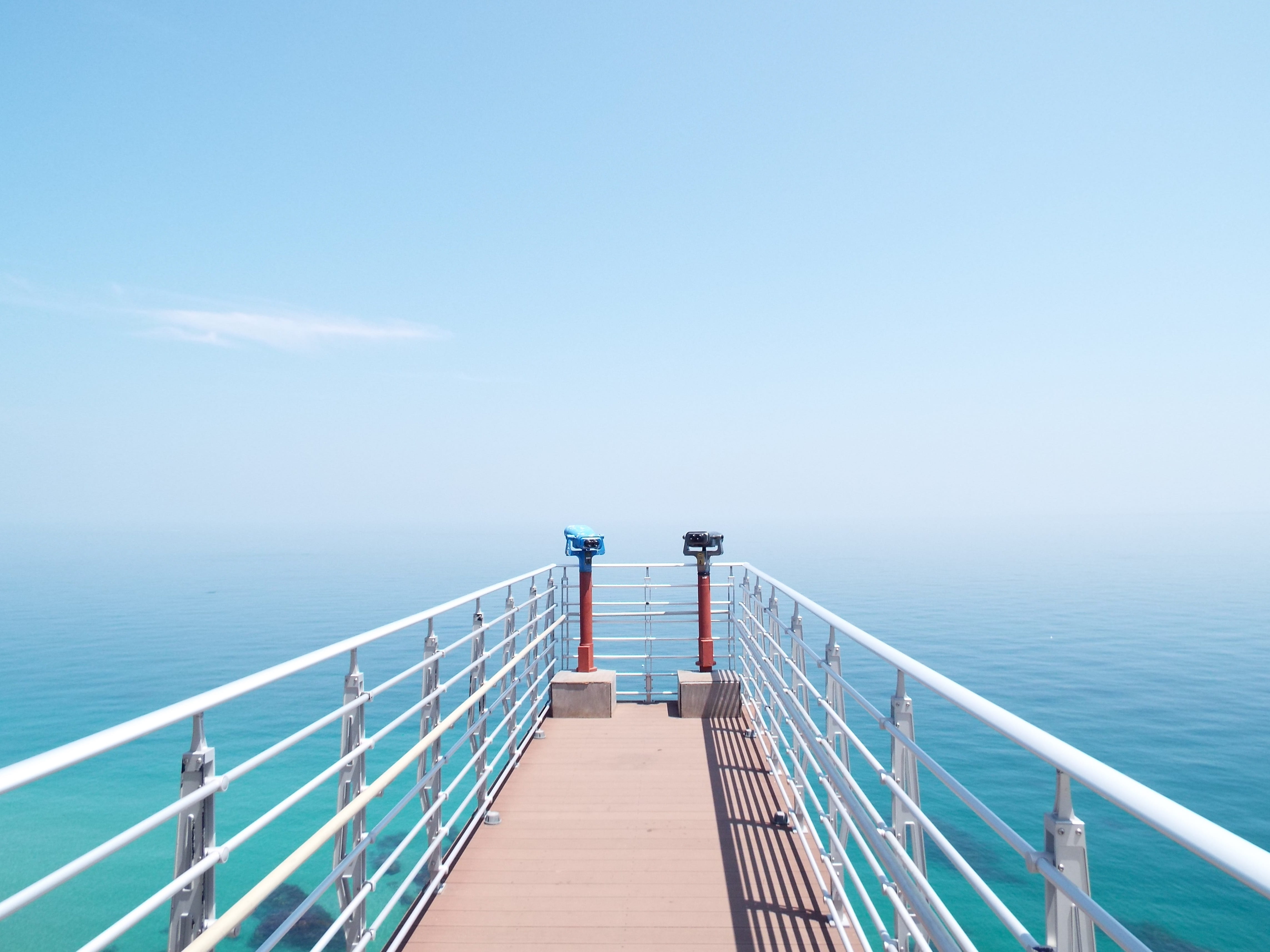 relaxation, travel, boardwalk, scenic, beauty in nature, summer, binoculars, jetty, copy space, tranquility, leisure, sun, ship, landscape, seashore, transportation, HD Wallpaper