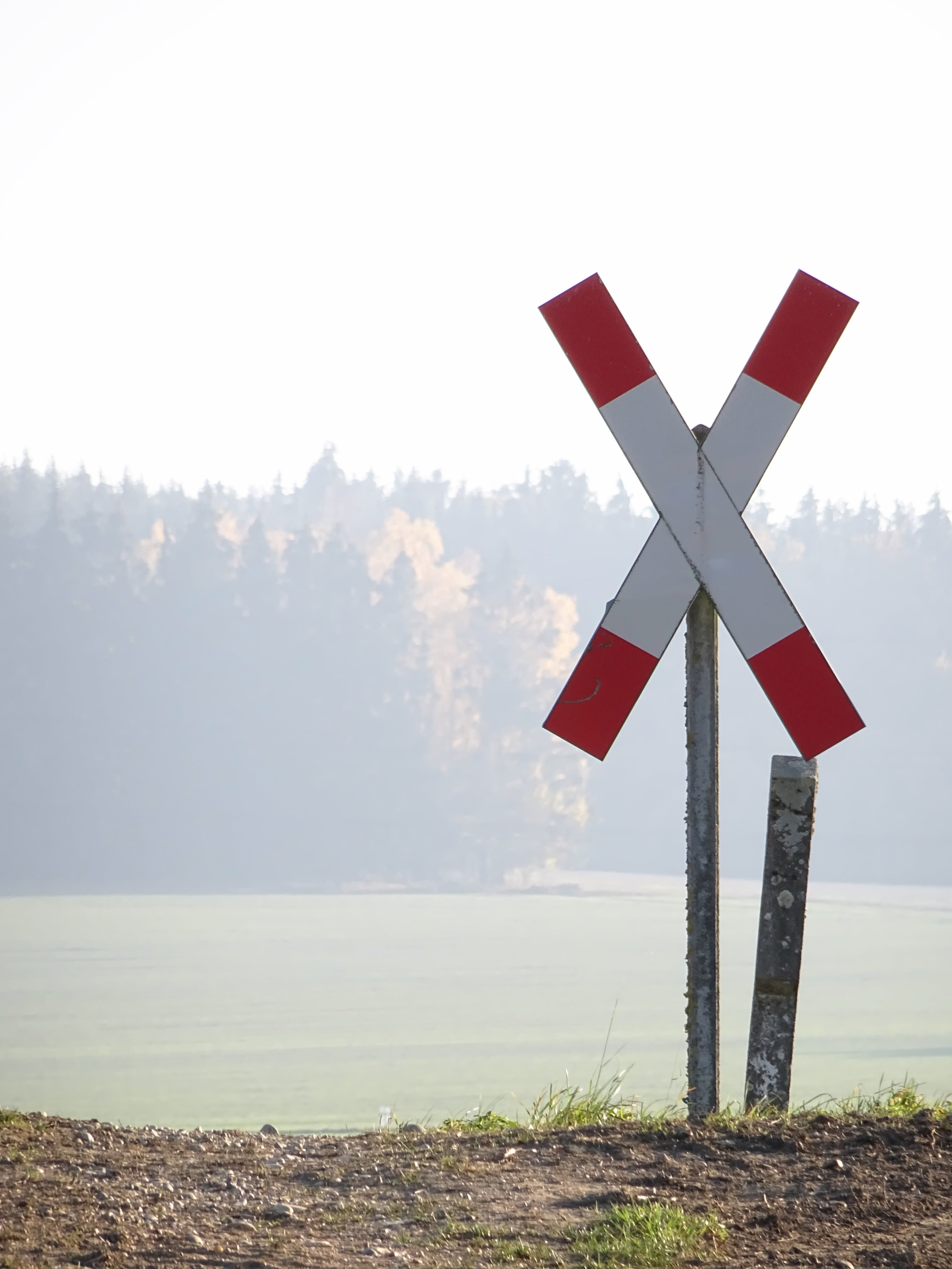 landscape, path, plant, attention, street sign, warning signs, land, caution, outdoors, rail traffic, red, nature, andreaskreuz, water, fog, 5K, clear sky, Phone HD Wallpaper