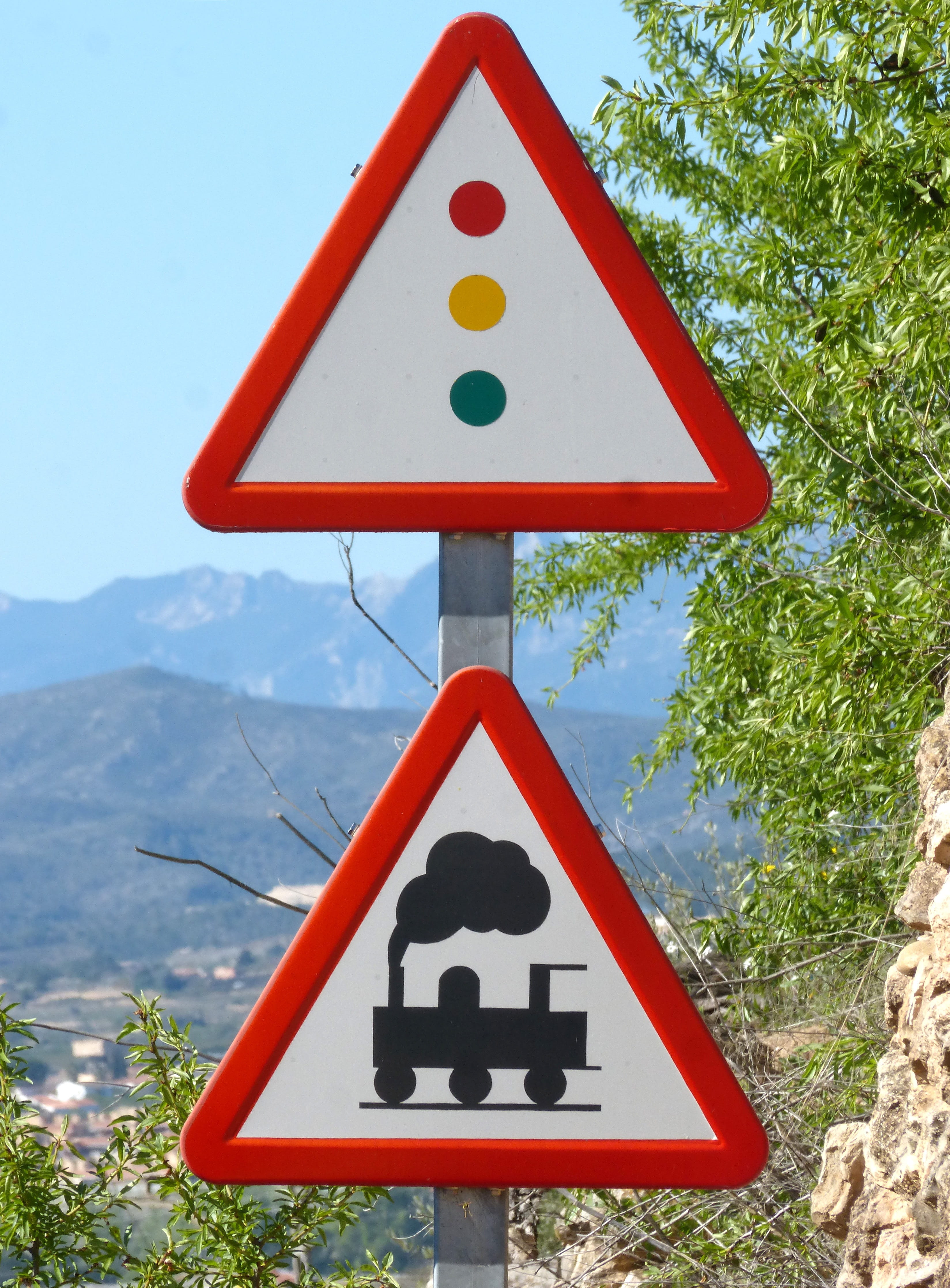 road warning sign, communication, warning sign, railway, shape, traffic, close-up, triangle, 4K, road sign, tree, red, train, geometric shape, sign, symbol, Phone HD Wallpaper