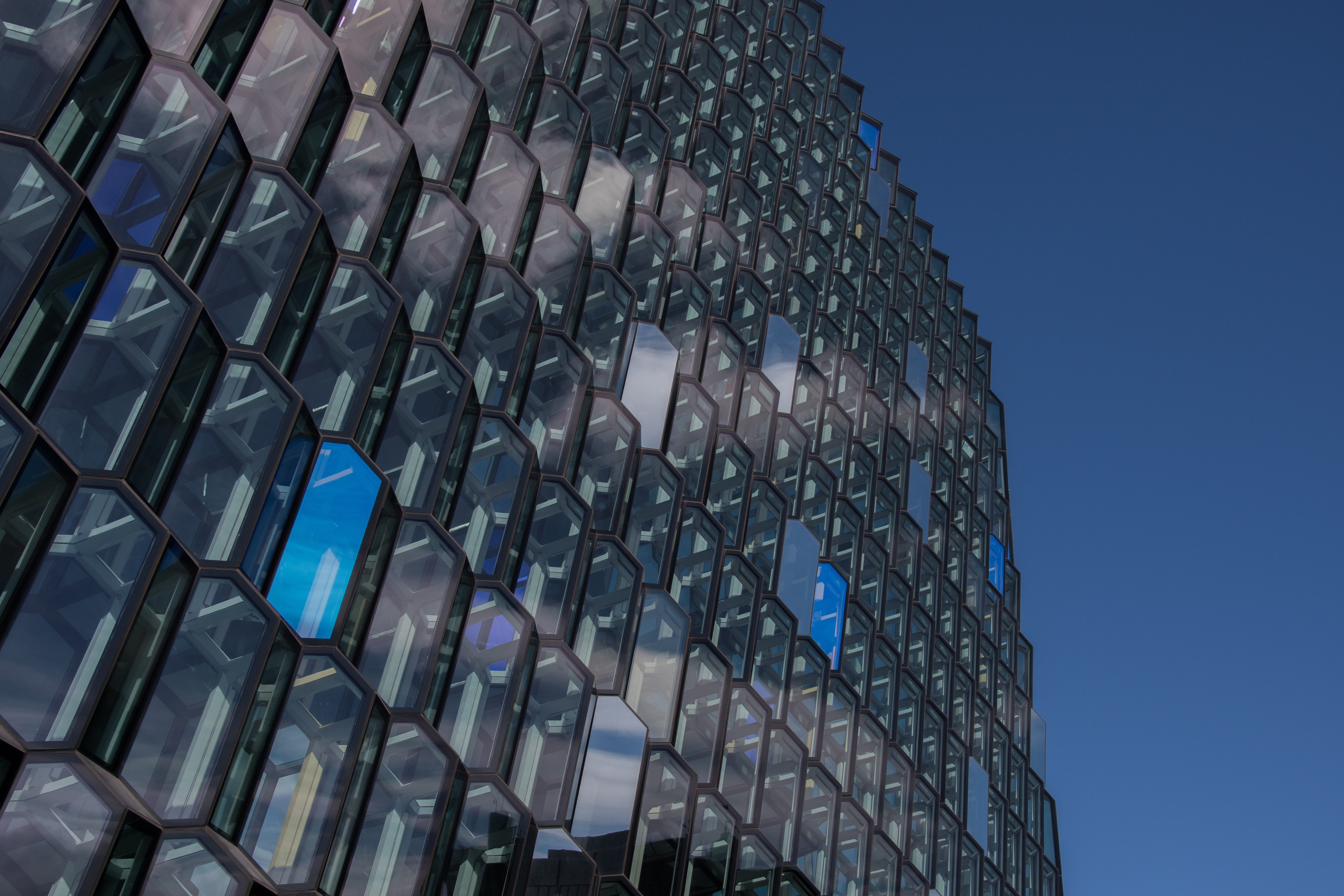 built structure, city, glass, nature, sky, pattern, blue, modern, building, opera, iceland, repetition, office building exterior, office, 5K, low angle view, HD Wallpaper