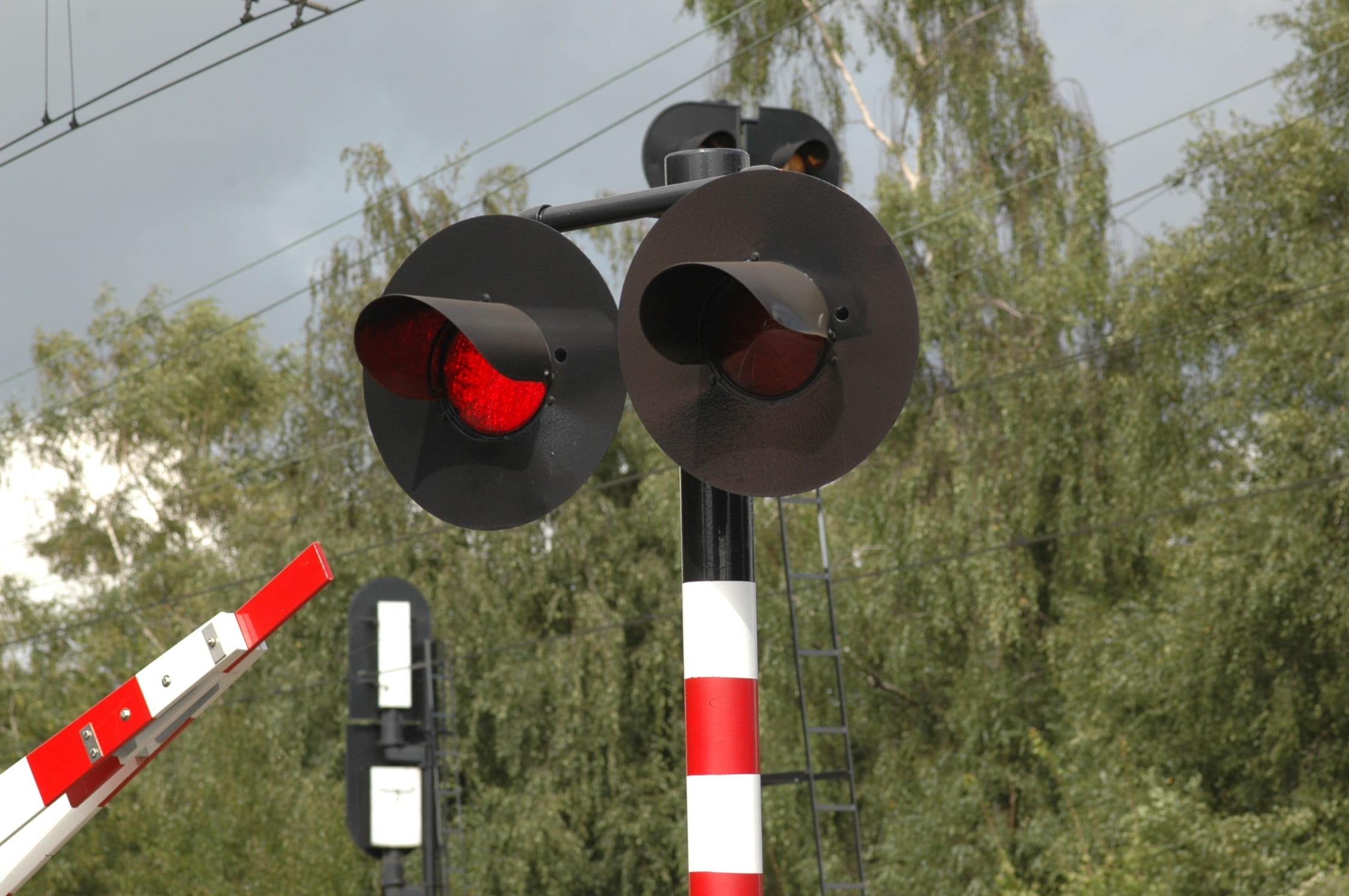 sign, tree, transportation, protection, red, day, railroad crossing, nature, Train, plant, sky, railway signal, light, barriers, control, security, rail transportation, HD Wallpaper