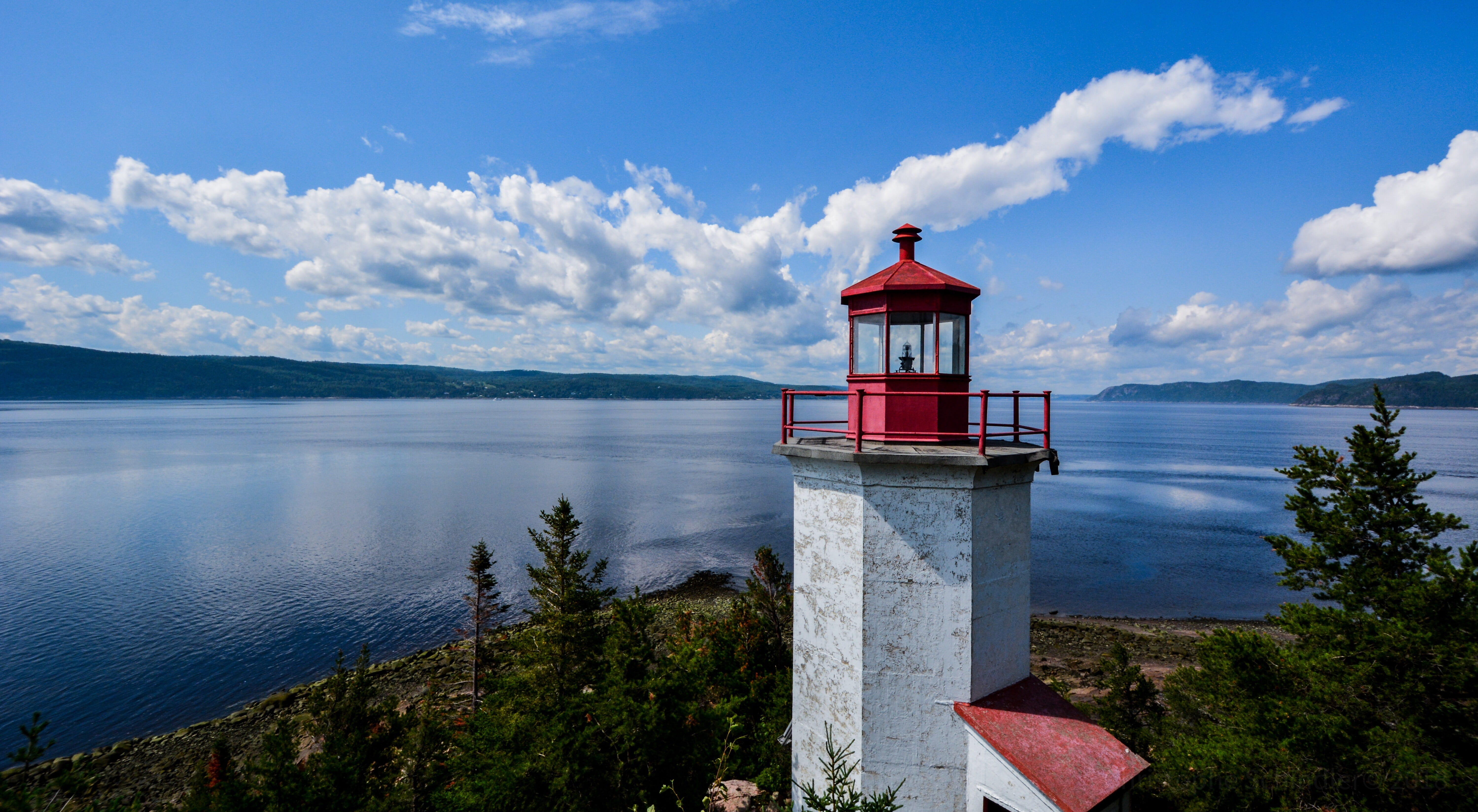 outdoors, lighthouse, building exterior, tower, sea, day, shore, nautical, tranquil scene, beauty in nature, guidance, québec, sagueney, safety, 5K, water, HD Wallpaper