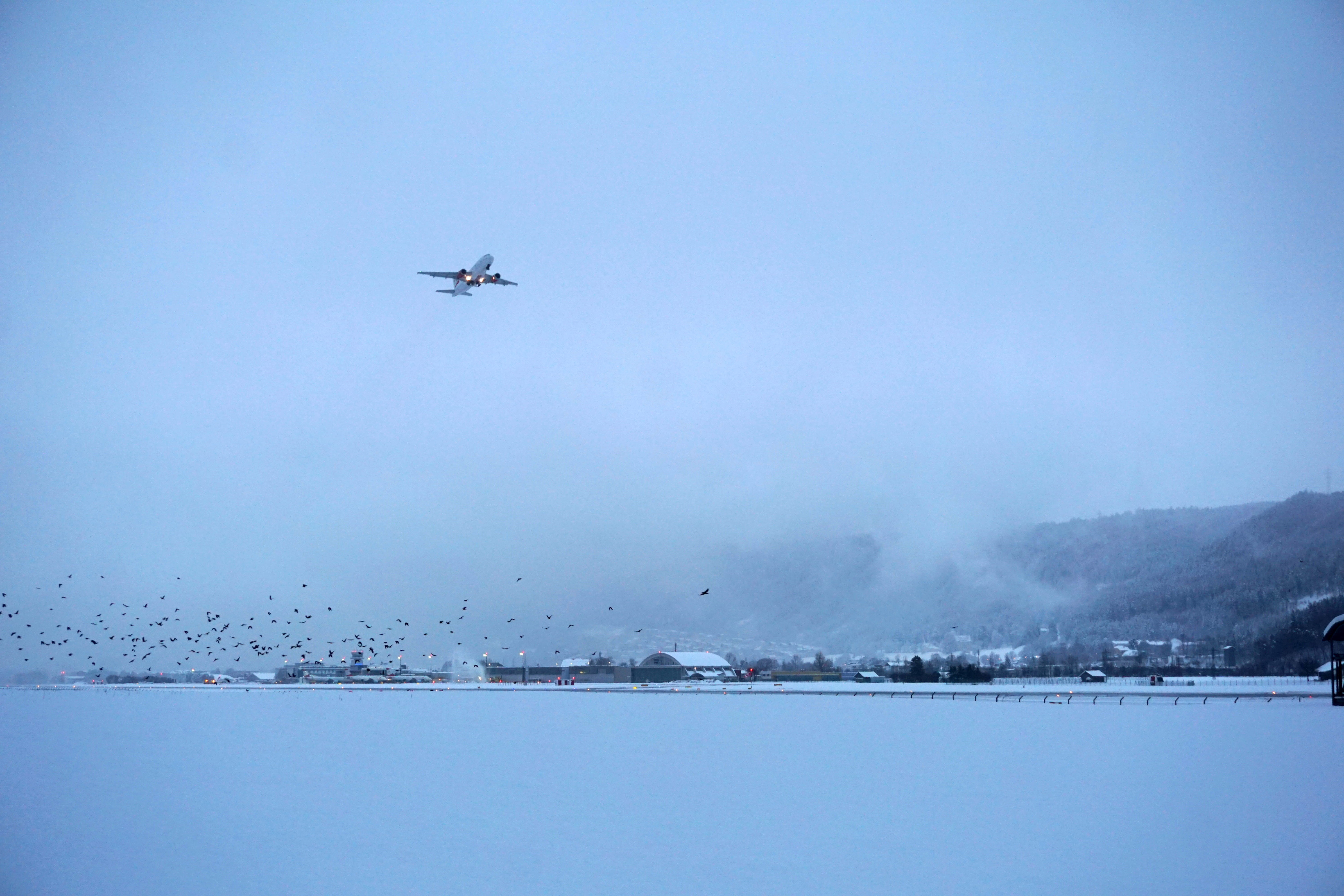 sky, austria, sea, mode of transportation, no people, flying, 5K, mid-air, transportation, outdoors, aerospace industry, day, water, Winter, scenics - nature, HD Wallpaper