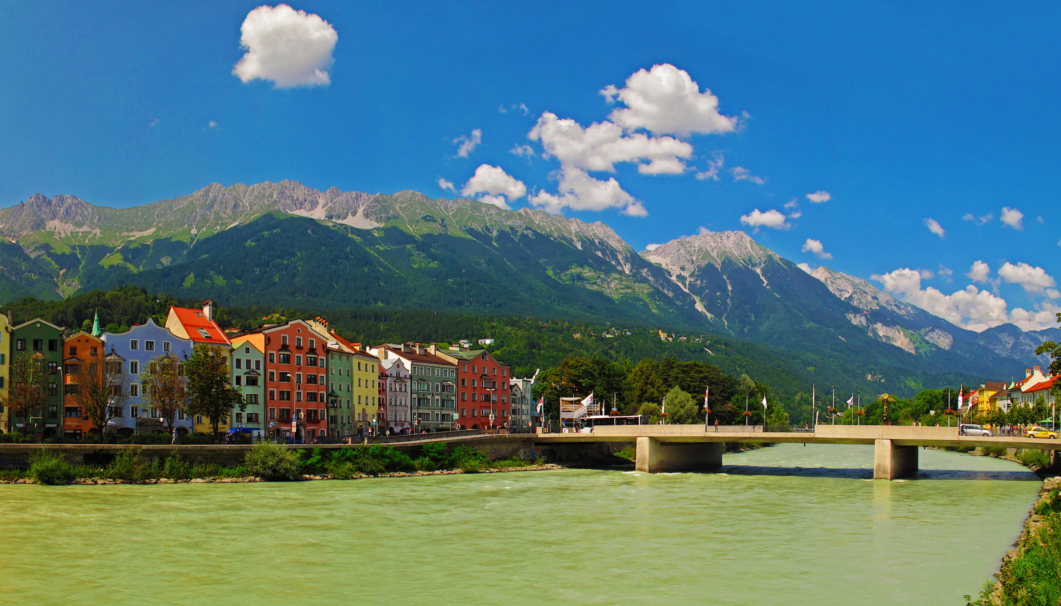 2K, river, day, building exterior, the city, architecture, home, beauty in nature, cloud - sky, mountains, bridge, tree, building, outdoors, plant, Austria, HD Wallpaper
