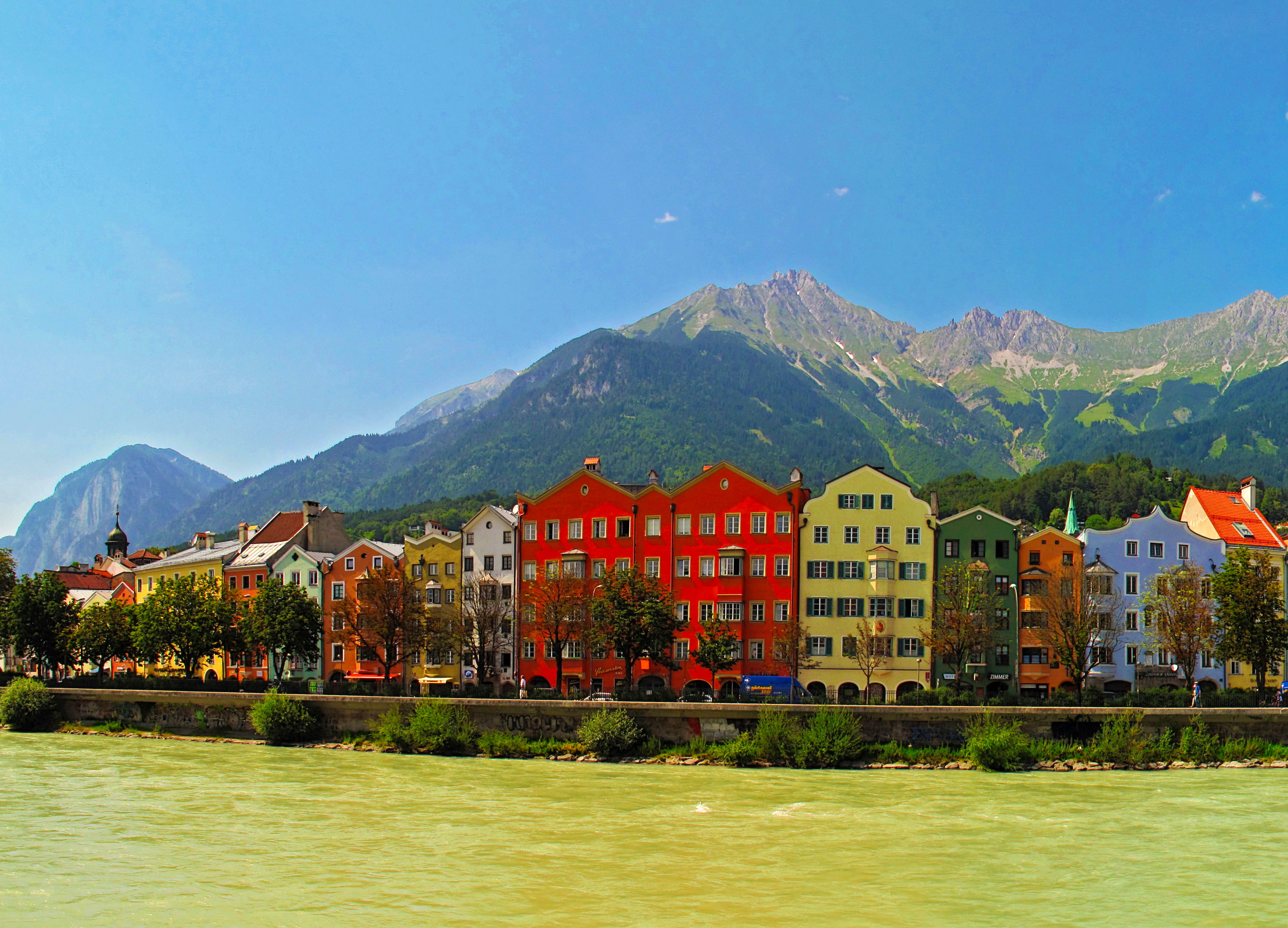 photo, river, 2K, the city, Austria, mountains, home, Innsbruck, HD Wallpaper