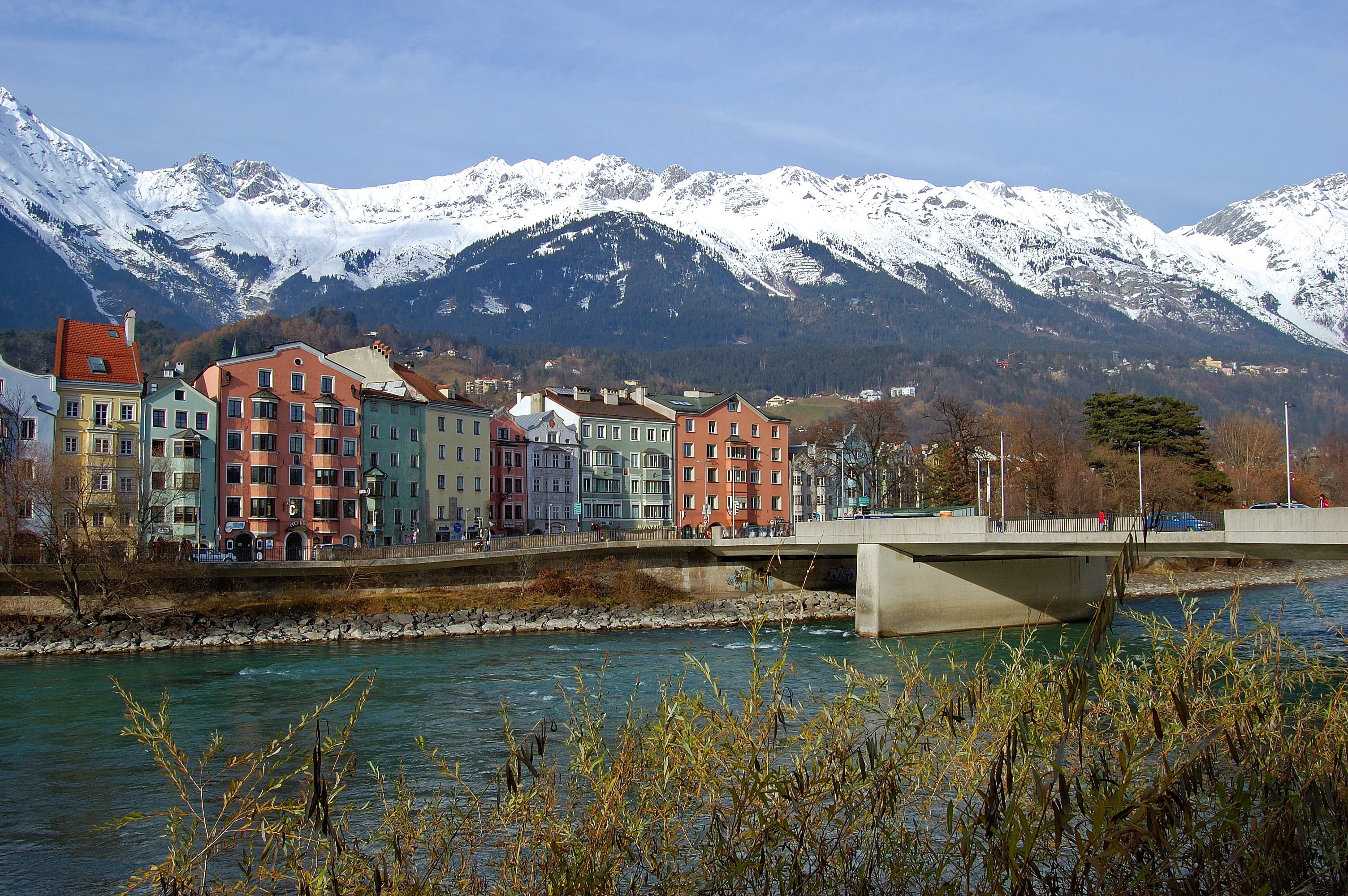 2K, mountain, snowcapped mountain, nature, near, innsbruck, outdoors, river, water, built structure, snow, plant, tree, bridge, cold temperature, architecture, HD Wallpaper