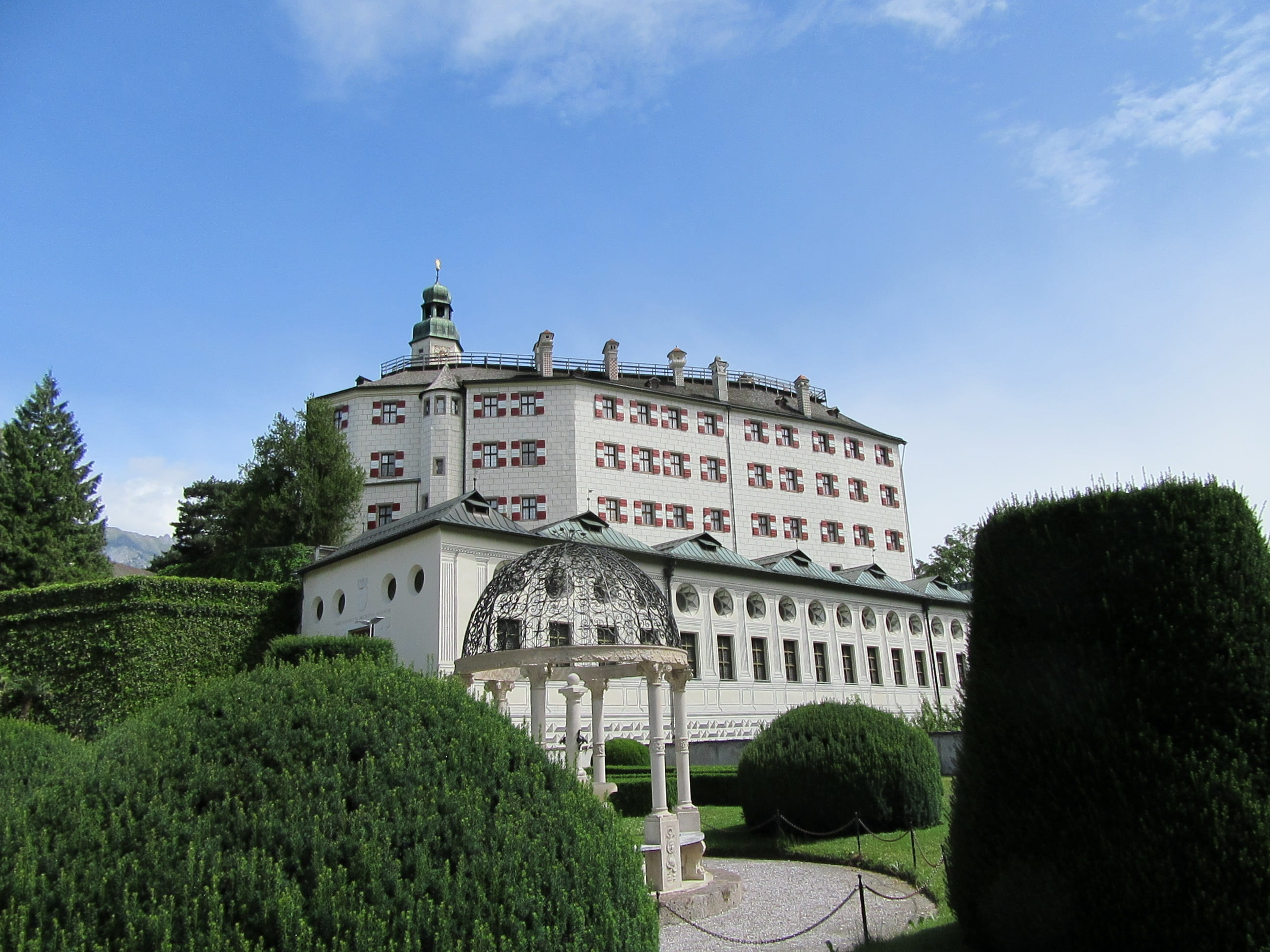 austria, travel destinations, building exterior, no people, history, schloss, outdoors, historic, building, ambras, green color, sky, travel, hedge, tree, HD Wallpaper