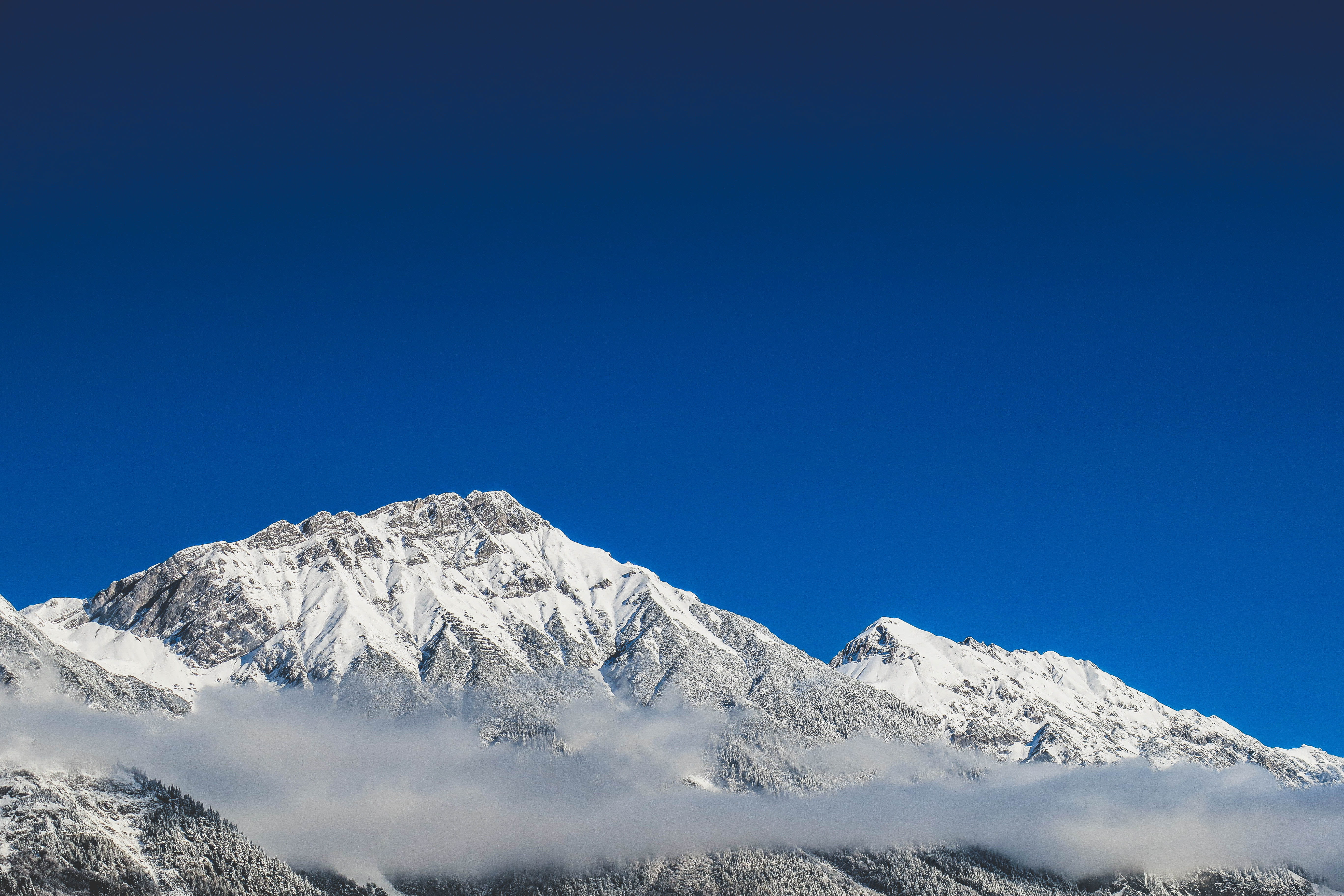 mountain peak, blue, alps, outdoors, austria, peak, nature, mountains, travel, sky, beauty in nature, 5K, snow, clouds, winter, coniferous tree, mountain, HD Wallpaper
