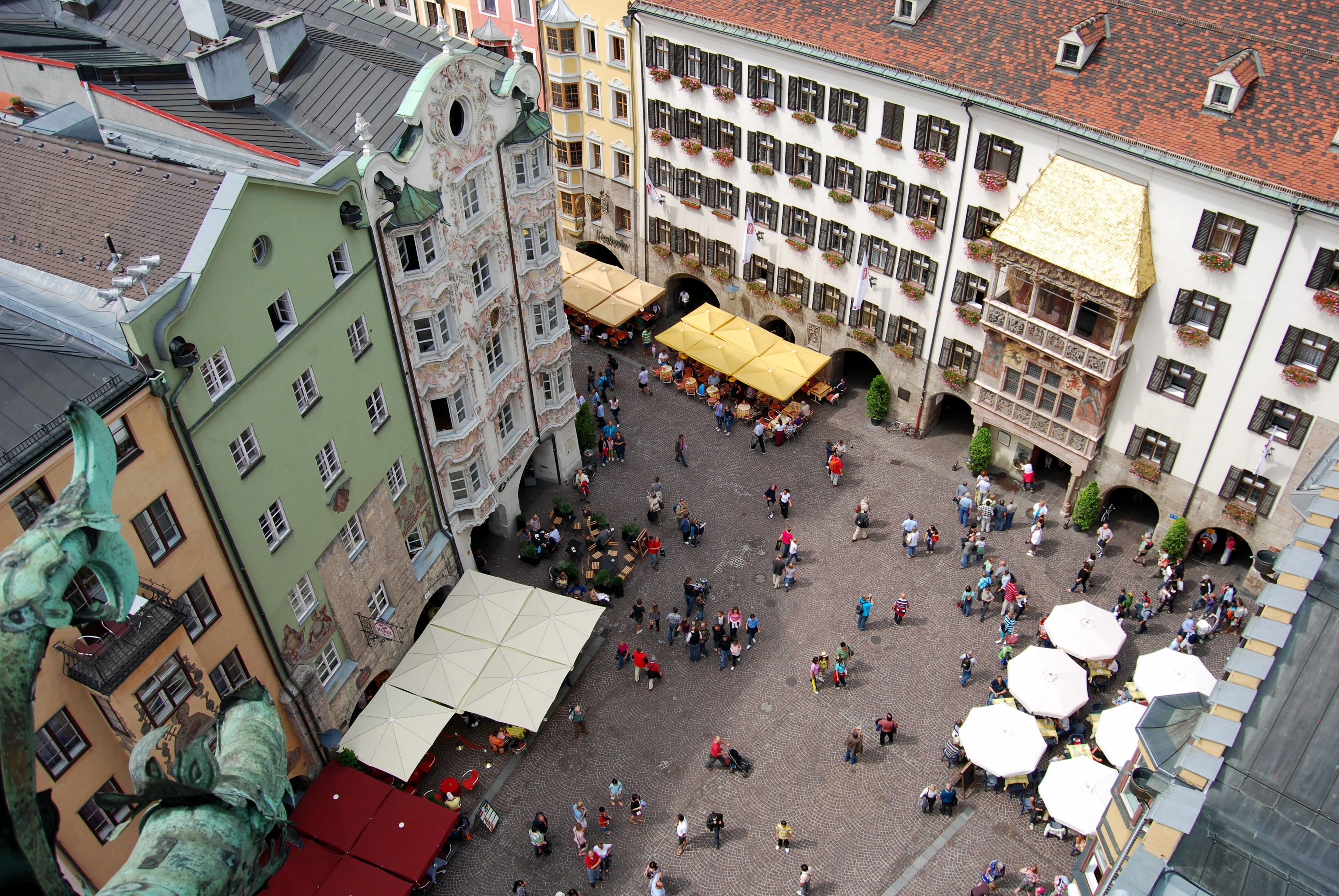 street market, building, innsbruck, piazza, town, street, outdoors, group of people, crowd, building exterior, city, transportation, austria, residential district, HD Wallpaper