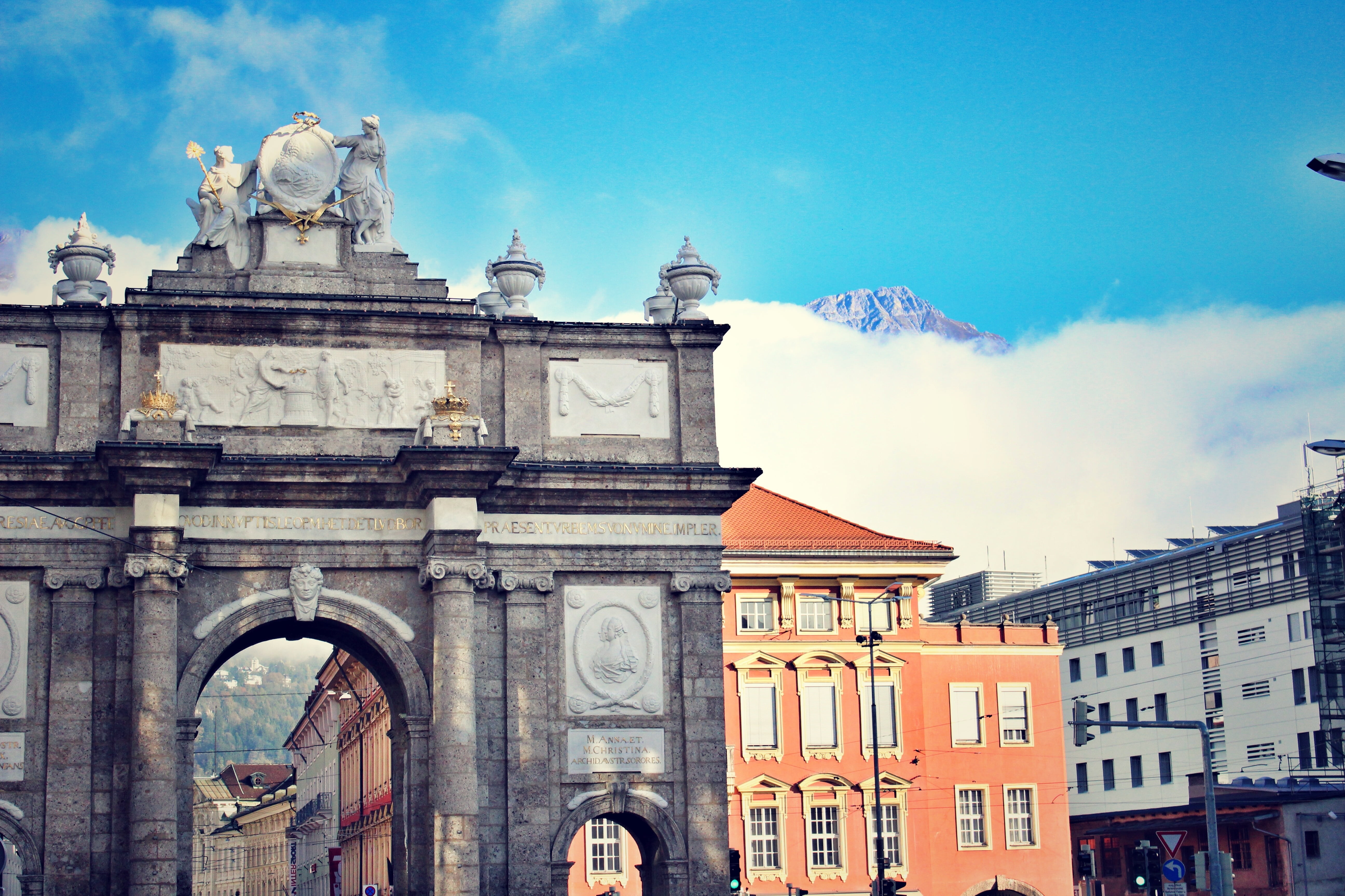 arch, city, cityscape, innsbruck, cloud - sky, no people, europe, history, 5K, day, monument, old, travel destinations, low angle view, mountain, art and craft, HD Wallpaper