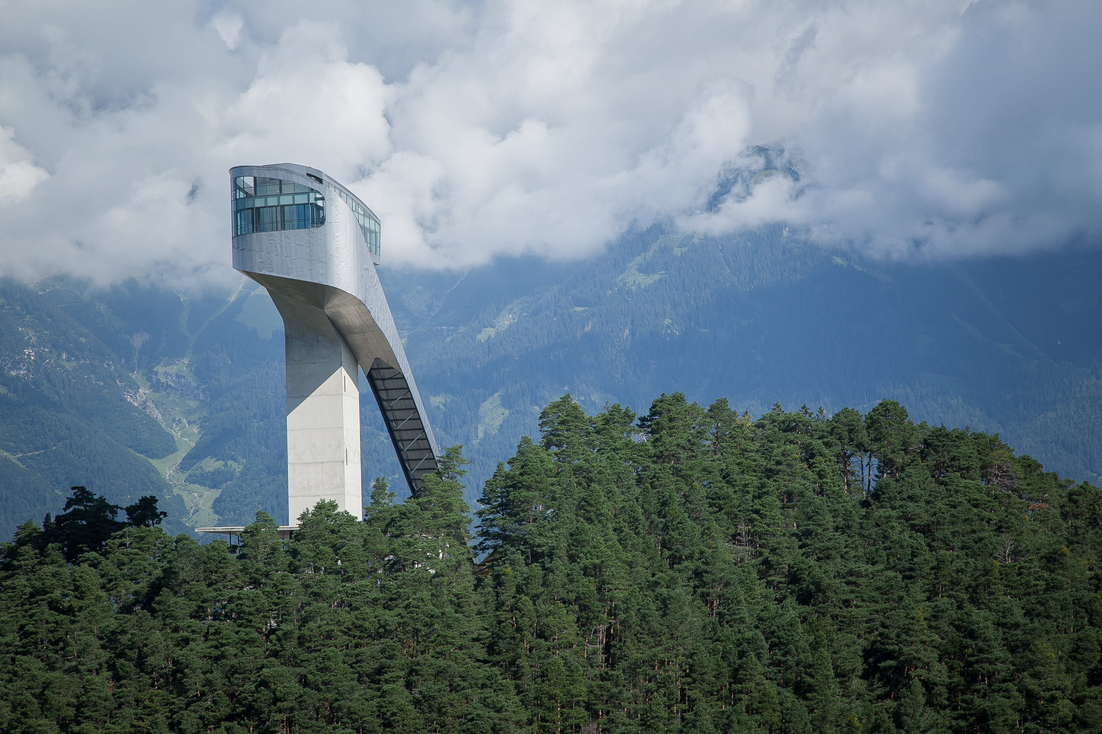 land, transportation, austria, ski, built structure, plant, outdoors, skischprungschanze, alpine, hill, sky, growth, tree, architecture, bergisel, mountains, HD Wallpaper