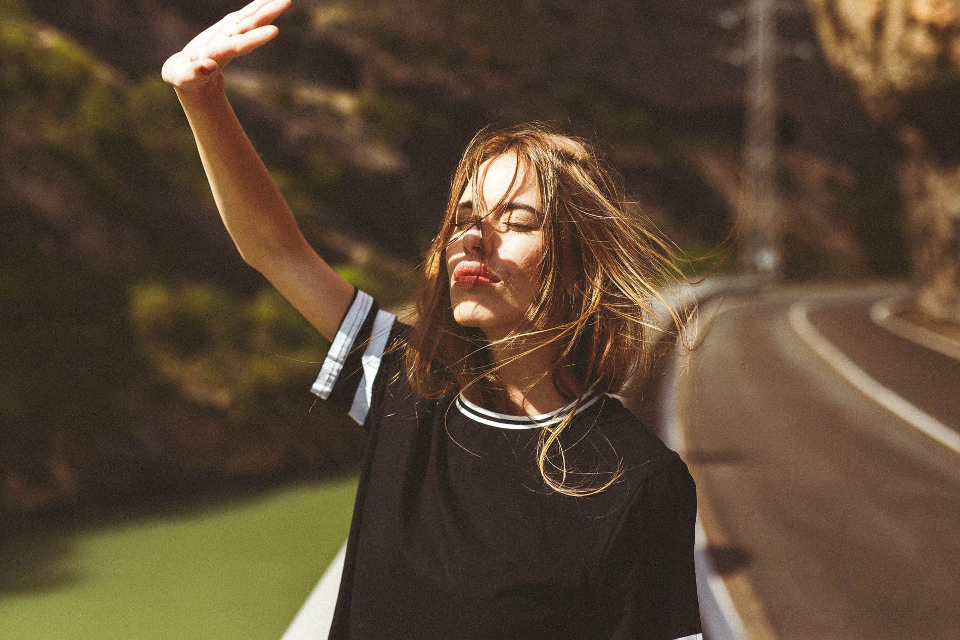 Hector Ges, 720P, closed eyes, women, road, hair in face, model, brunette, HD Wallpaper