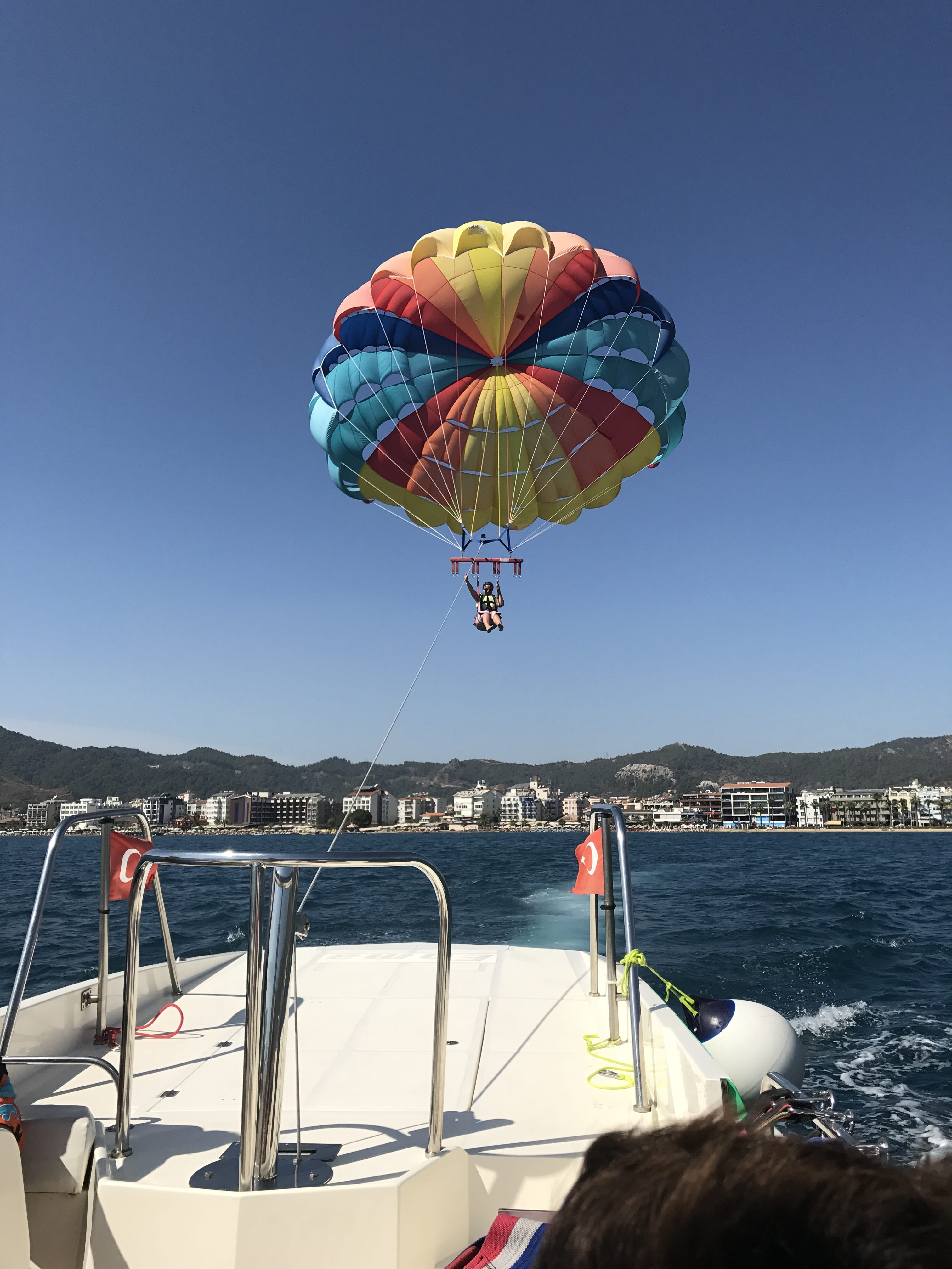 marmaris, architecture, flying, mode of transportation, clear sky, adventure, outdoors, parasailing, 4K, sky, nautical vessel, turkey, water, parachute, Phone HD Wallpaper