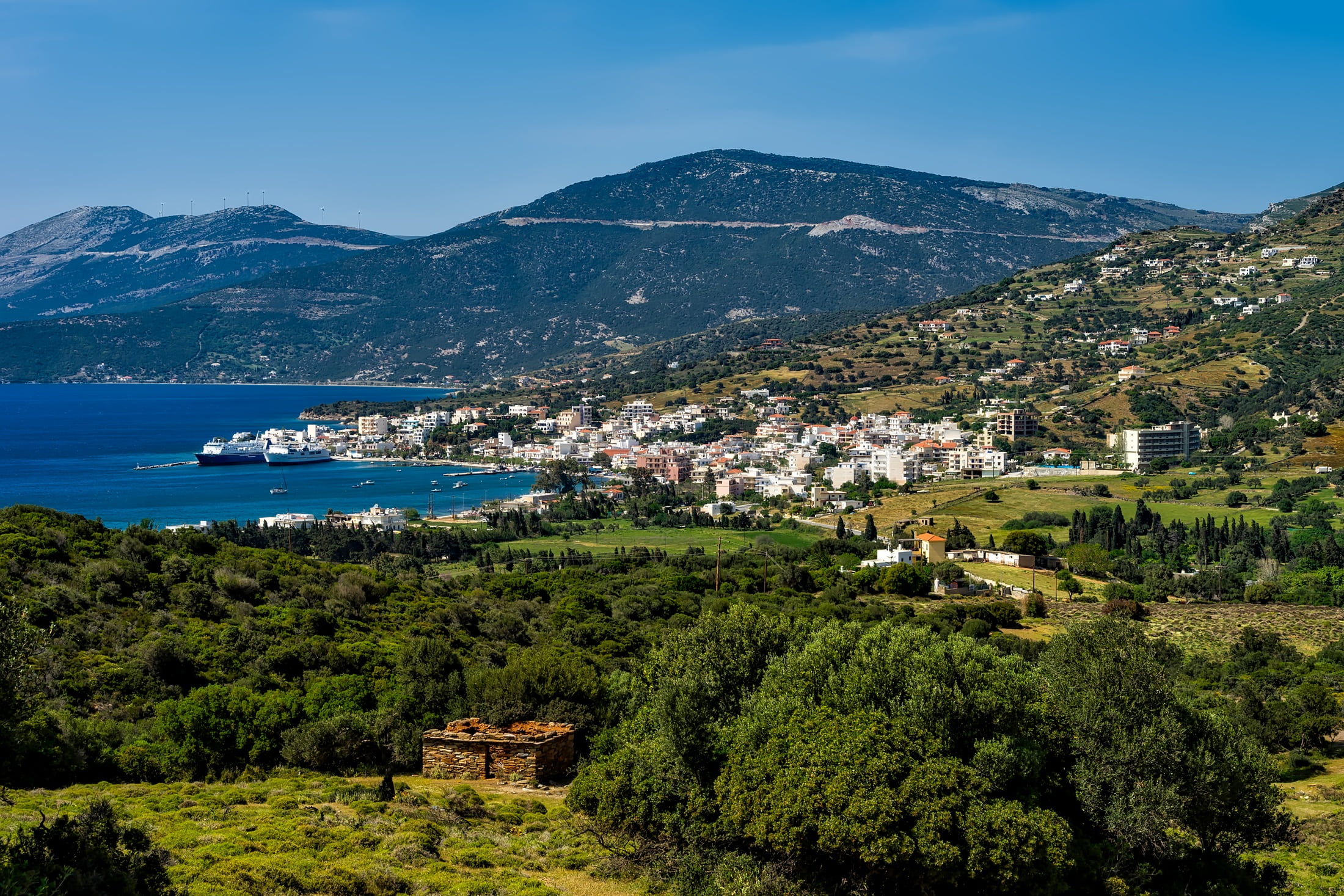 town, residential district, no people, boats, mountains, mountain, marmari, house, building exterior, bay, building, scenics - nature, architecture, tree, HD Wallpaper