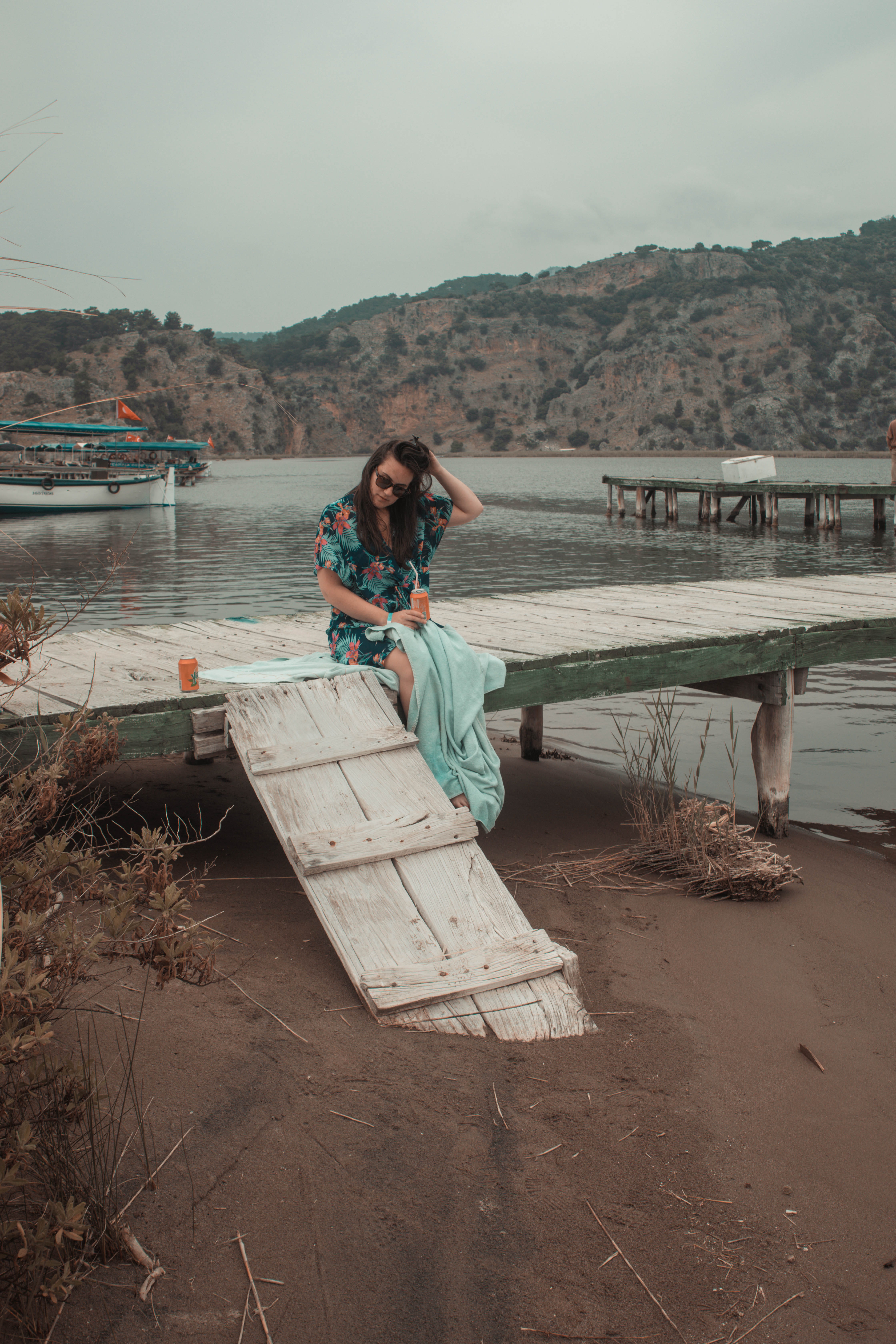 long hair, turkey, young women, waterfront, wood, looking at camera, nautical vessel, nature, sitting, outdoors, pier, day, watercraft, dock, mountain, Phone HD Wallpaper