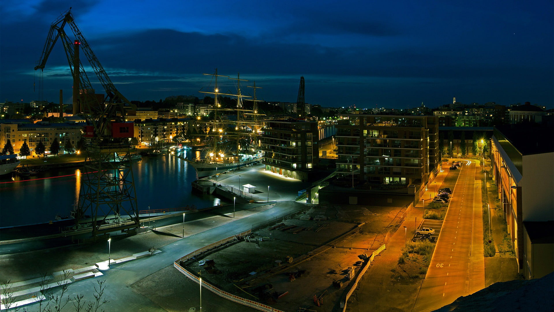 pier, building exterior, cityscape, nature, crane - construction machinery, cloud - sky, nautical vessel, night, harbor, machinery, water, 1080P, architecture, HD Wallpaper