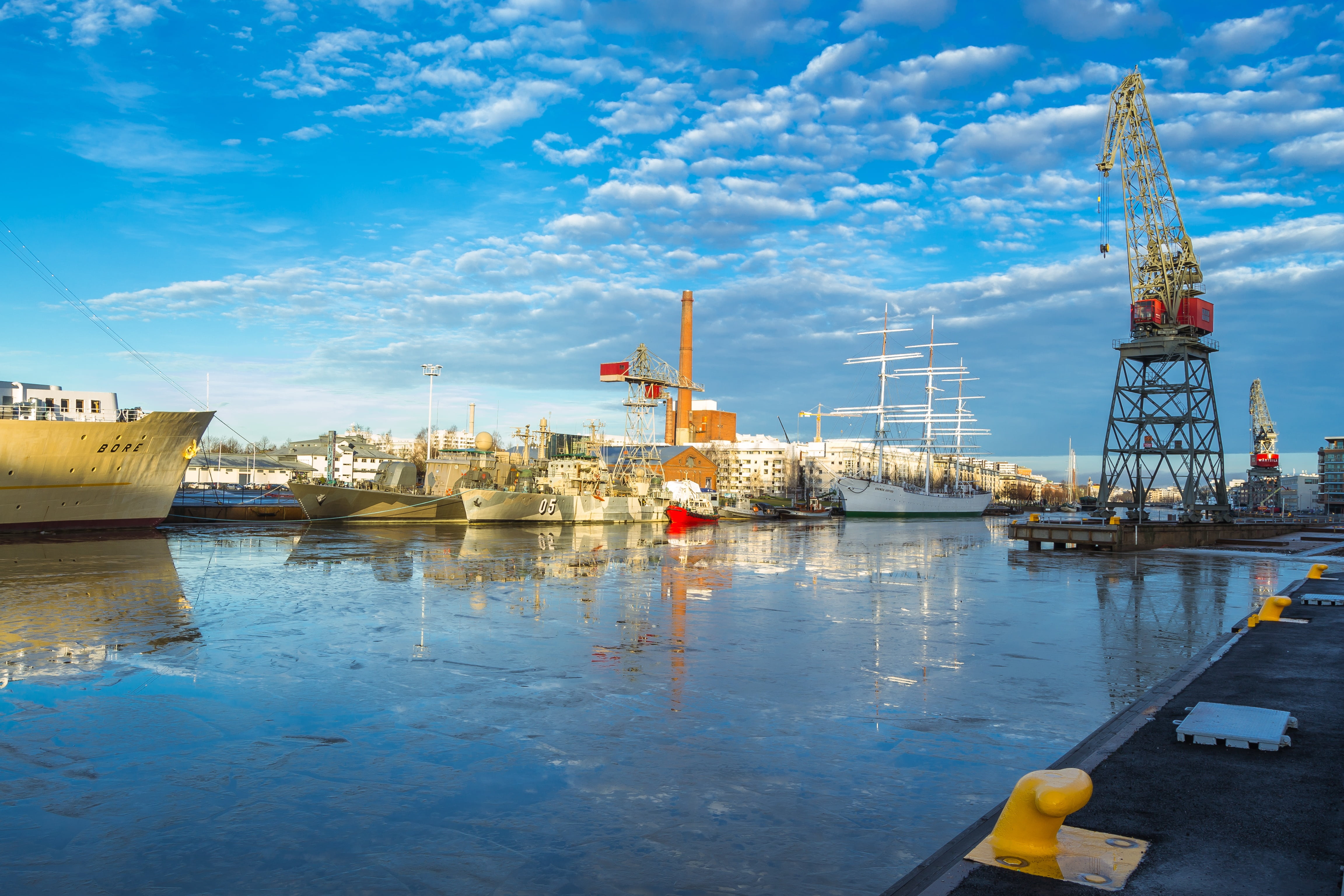 water, built structure, harbor, industry, europe, commercial Dock, mode of transportation, pier, ship, crane, 4K, vessel, waterfront, day, sky, turku, HD Wallpaper