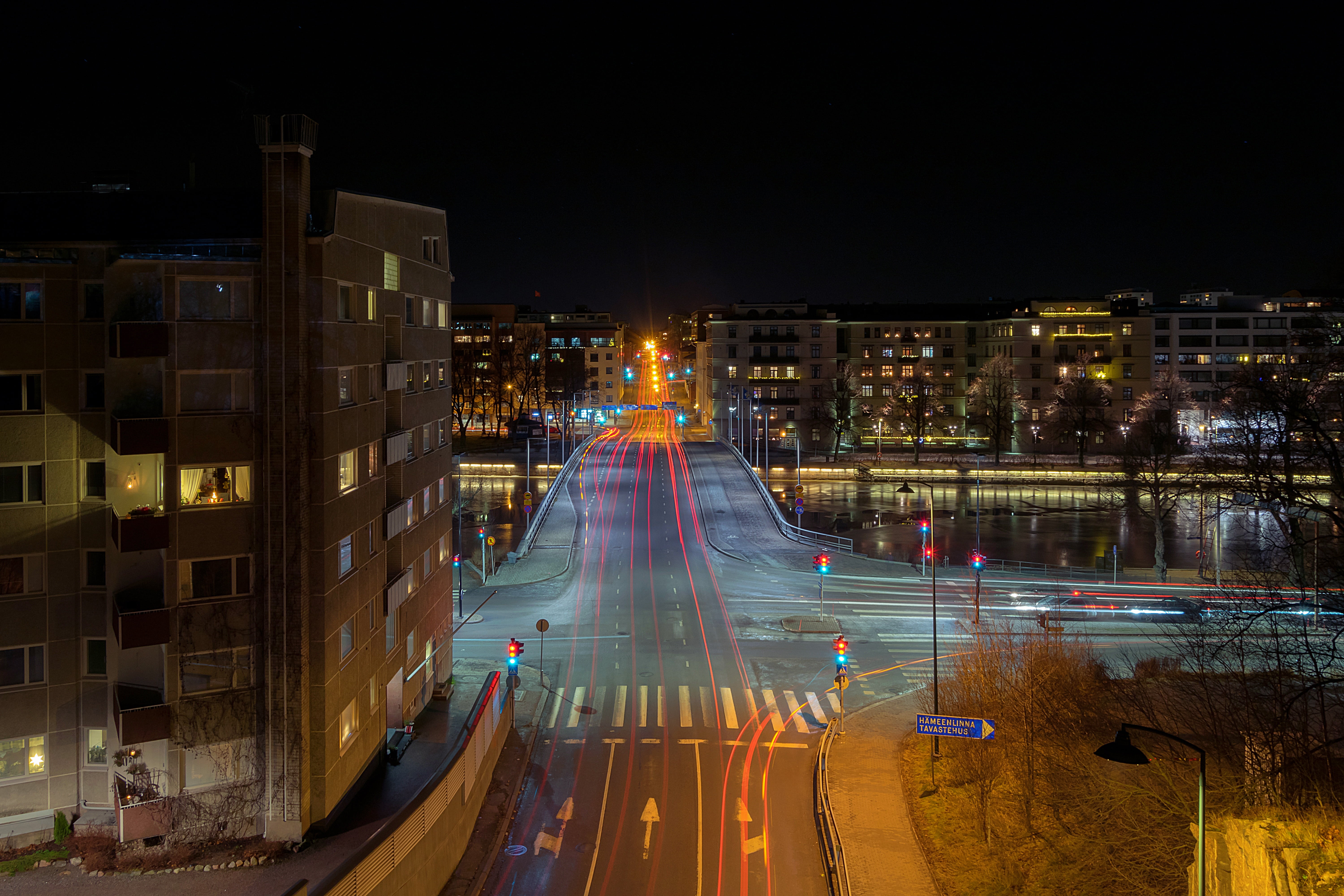 illuminated, built structure, skyscraper, office building exterior, city life, traffic, architecture, bridge, city, dusk, turku, outdoors, no people, high angle view, HD Wallpaper