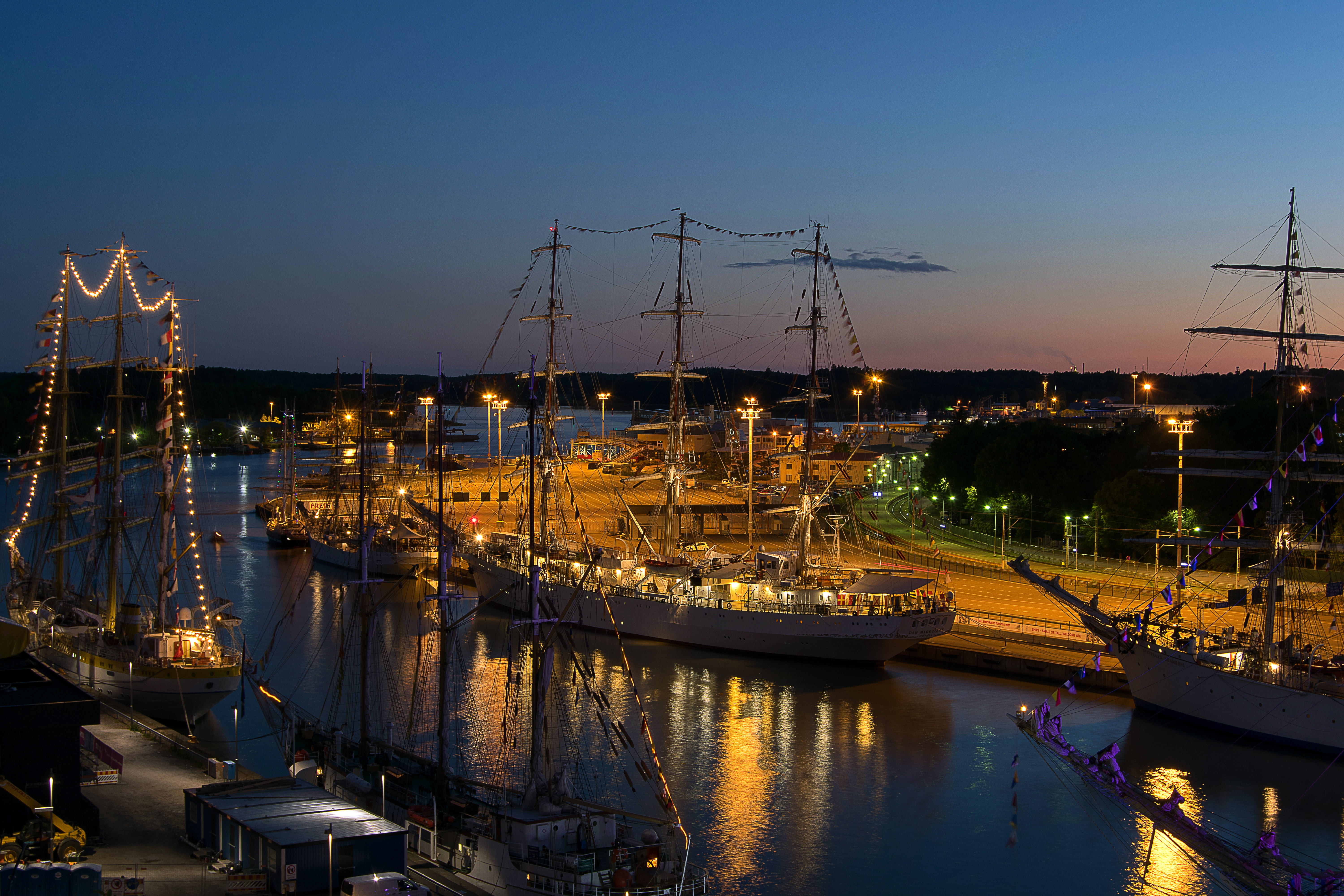 2017, aura river, city, turku, anchored, dark, river, sky, nautical vessel, reflection, harbor, mode of transportation, finnish, nature, canal, the tall ships races, HD Wallpaper