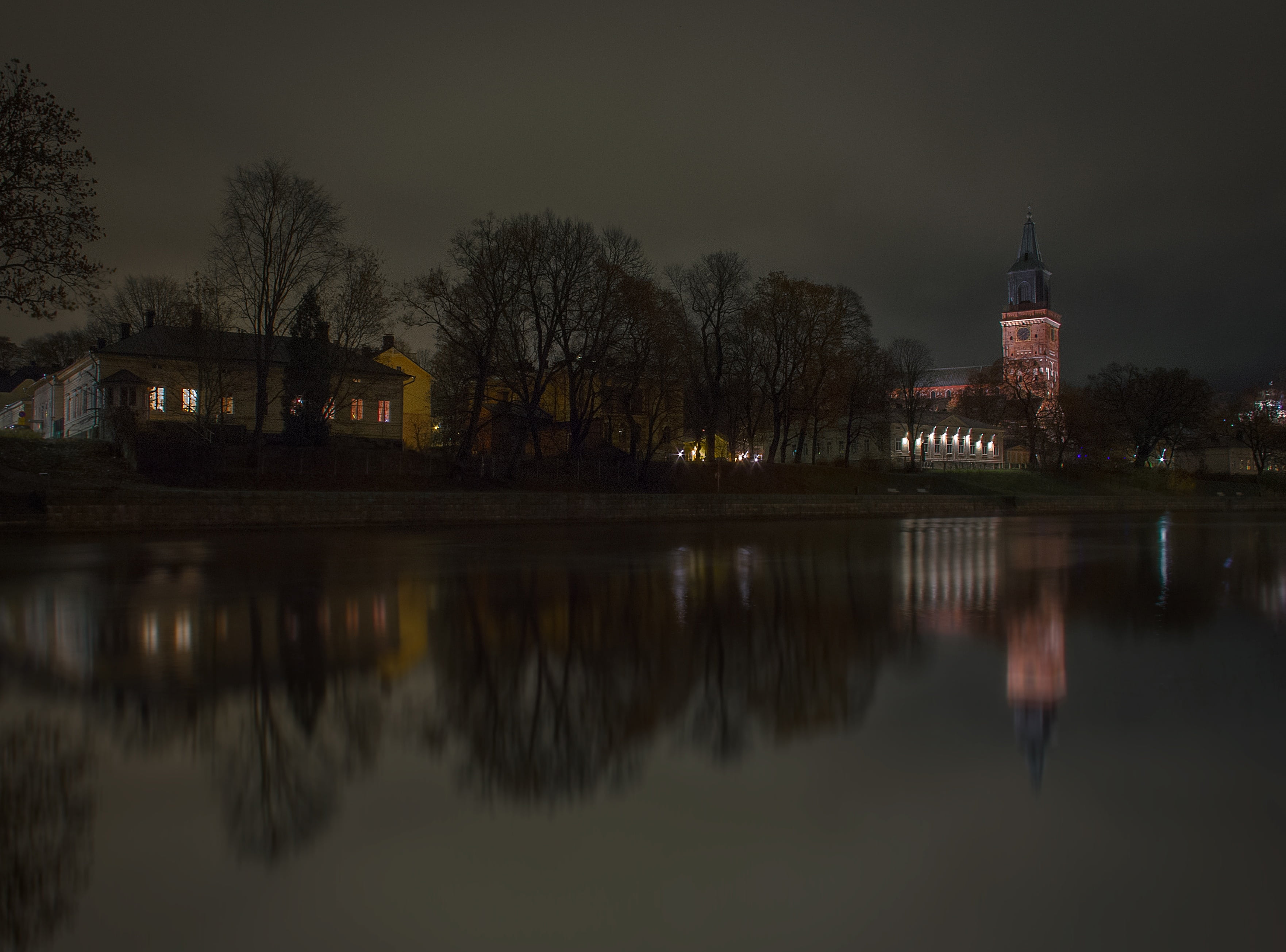 no people, travel destinations, leafless, built structure, aura river, tree, water, wood, outdoors, the bare, waterfront, night, grim, tower, cathedral, HD Wallpaper