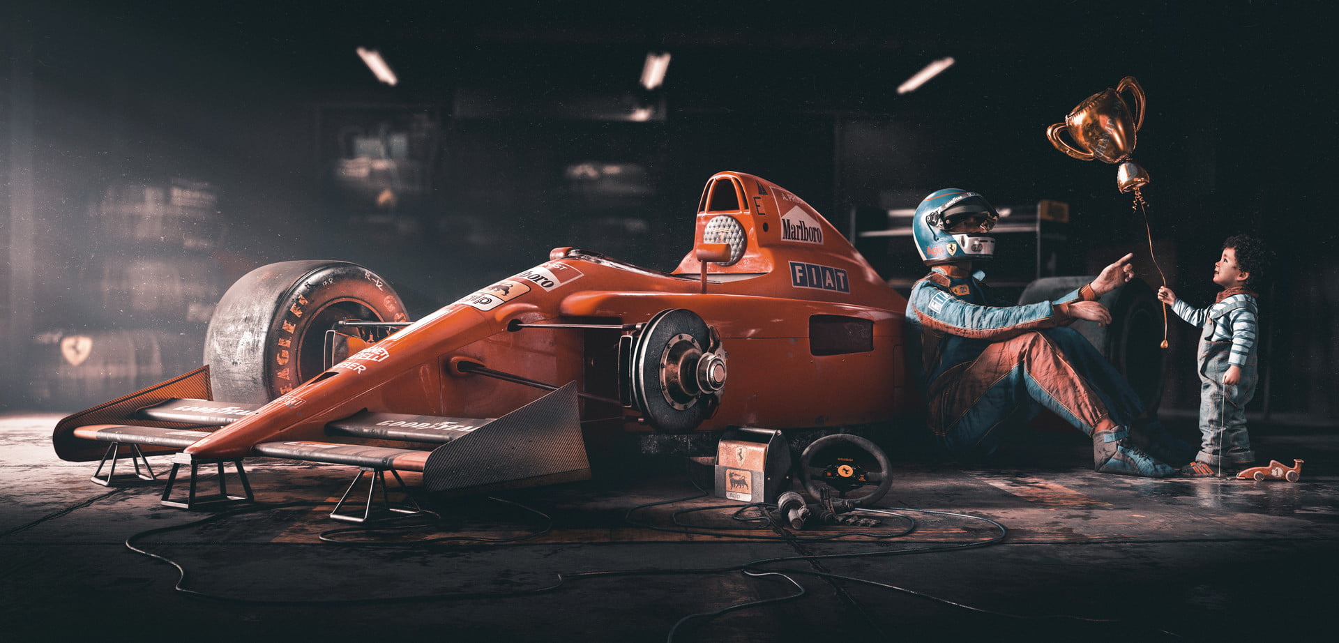 racing, men, children, vehicle, 1080P, red cars, digital, Ferrari, trophy, car, HD Wallpaper