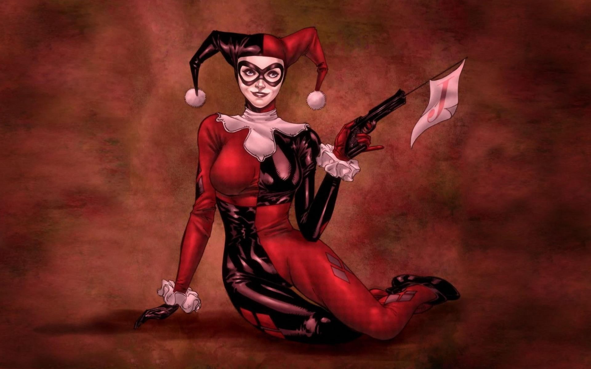 colored background, body paint, mask - disguise, hat, evil, young adult, 1080P, adult, weapon, one person, full length, harley quinn desktop backgrounds, HD Wallpaper