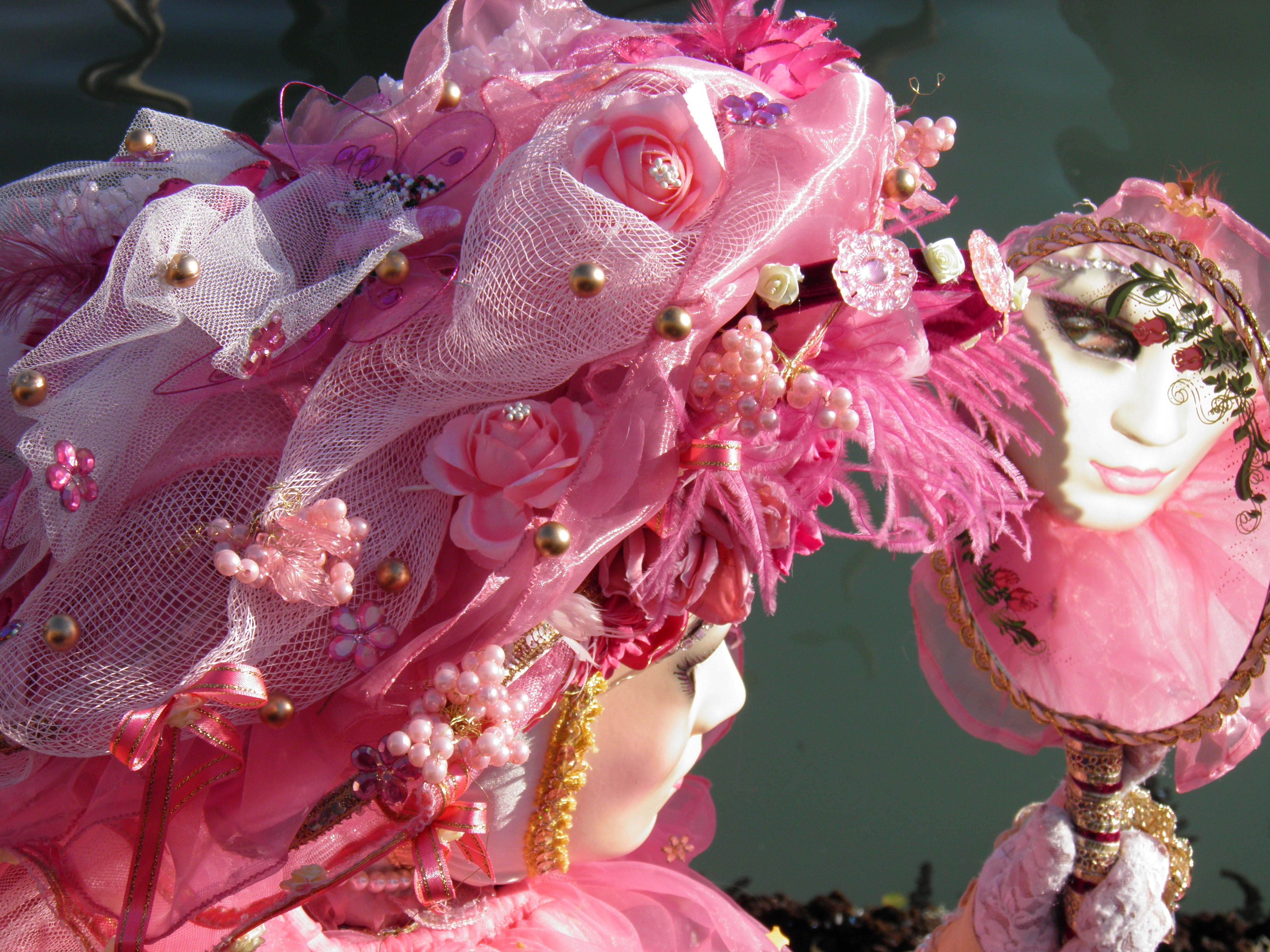 beauty, accent, human representation, close-up, floral, disguise, statue, mask, costume, day, pink color, red, creativity, wearing, art and craft, person, HD Wallpaper