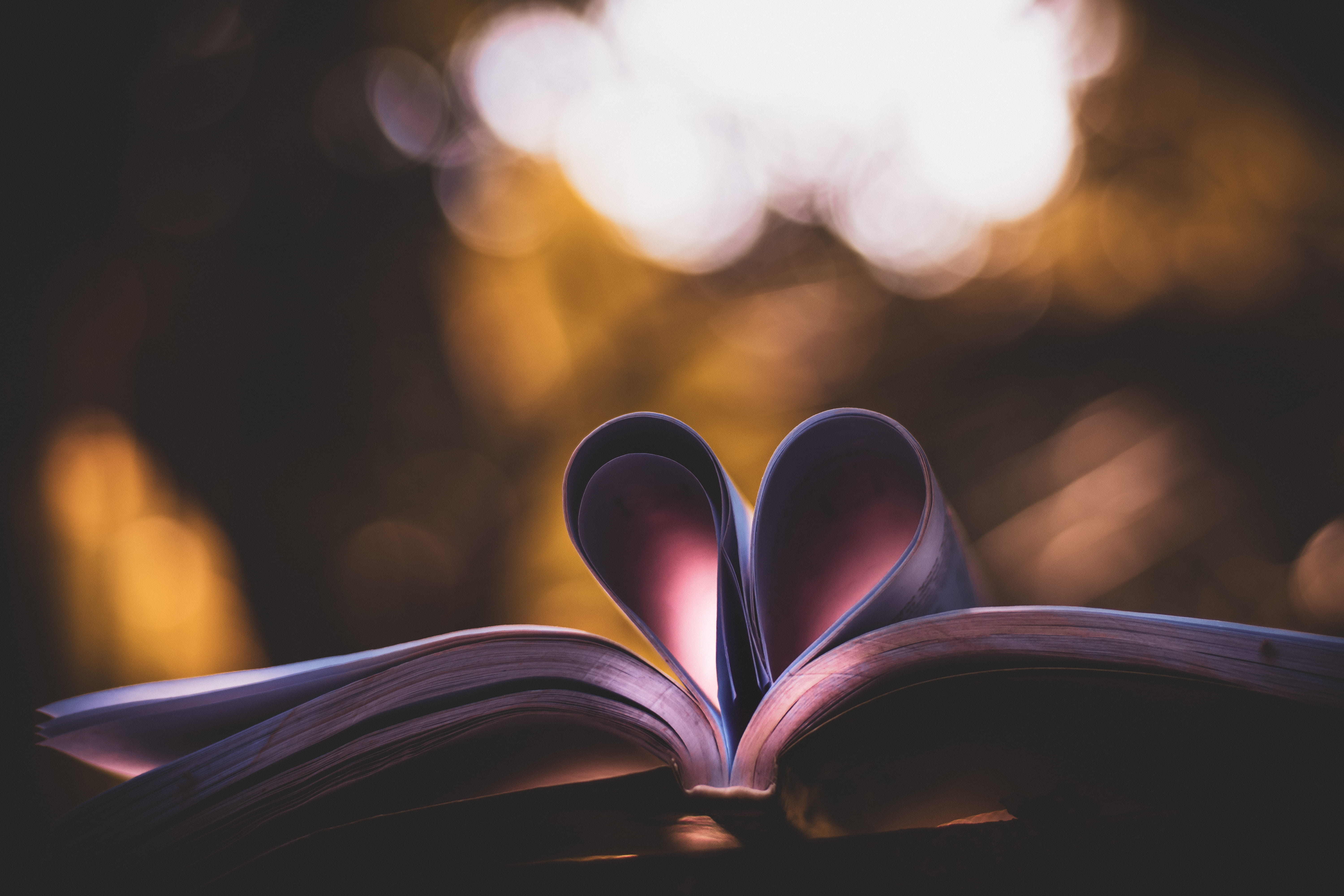 publication, paper, reading, blur, close-up, dark, color, people, selective focus, heart shape, book, bokeh, lens flare, open, love, positive emotion, 5K, HD Wallpaper