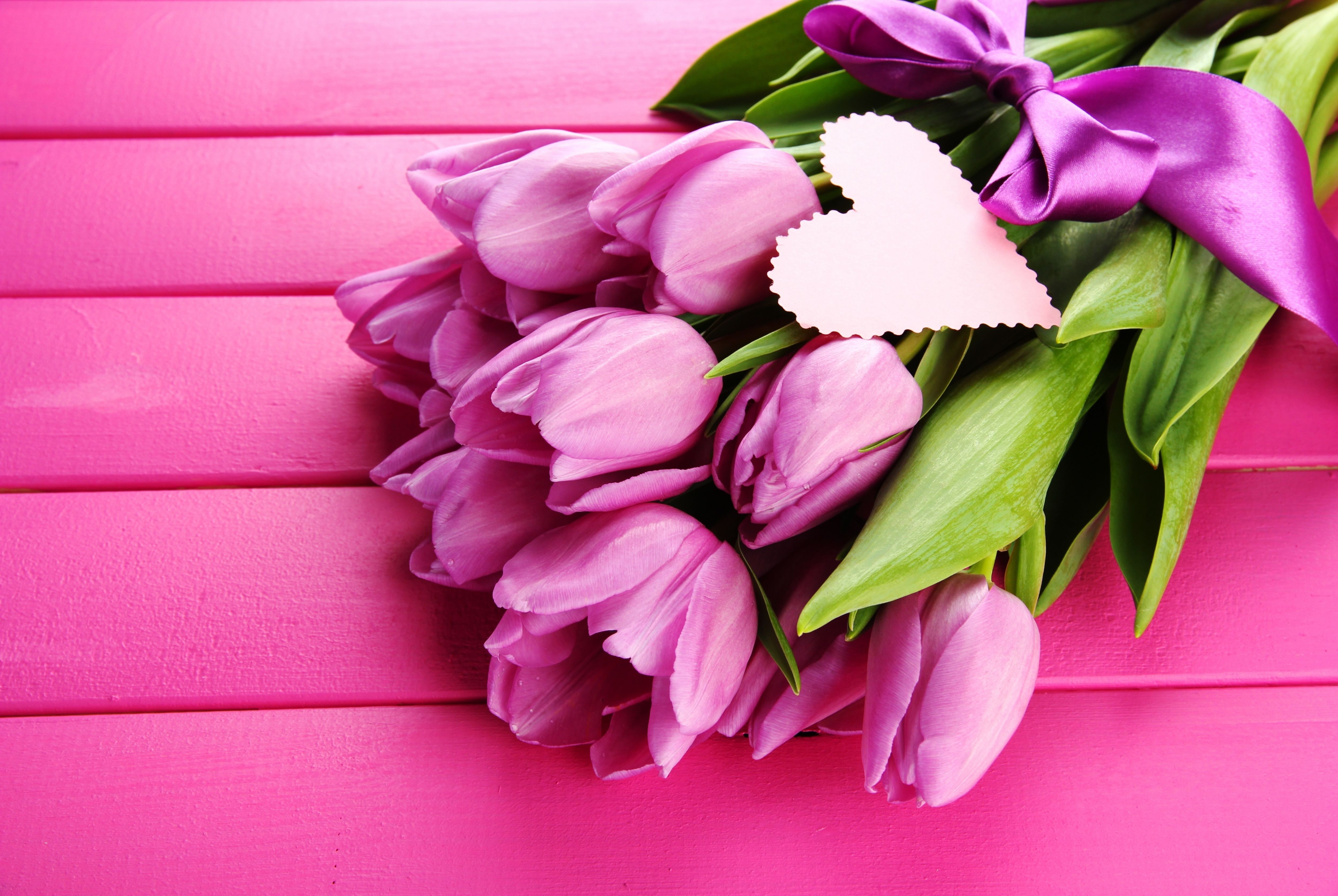 tulips, heart, 4K, bokeh, love, bouquet, mood, violet, HD Wallpaper