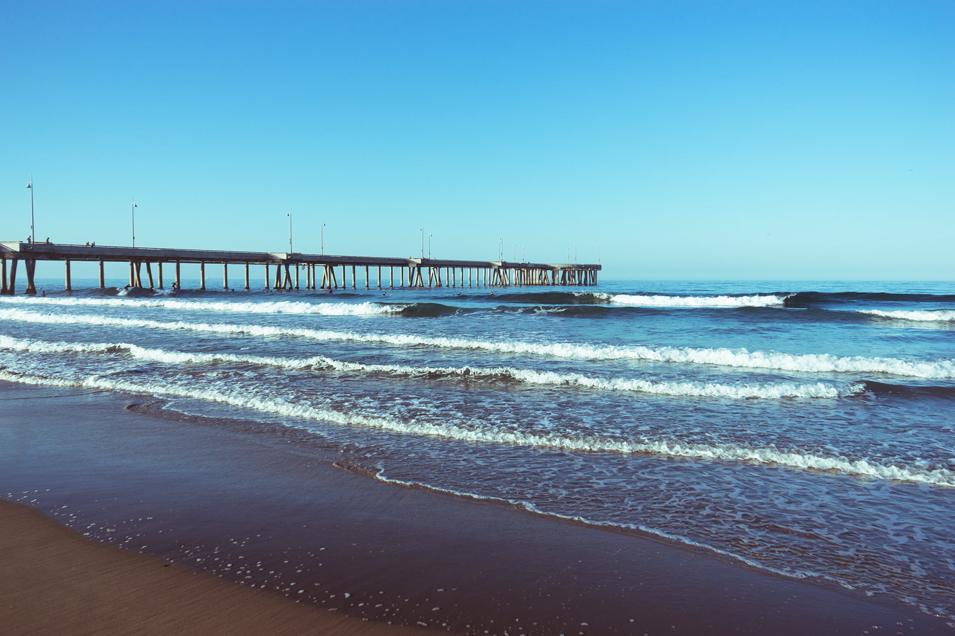 land, clear sky, sky, tranquility, sunrise, pier, nature, ocean, scenics - nature, built structure, beack, motion, outdoors, waves, dock, horizon over water, HD Wallpaper