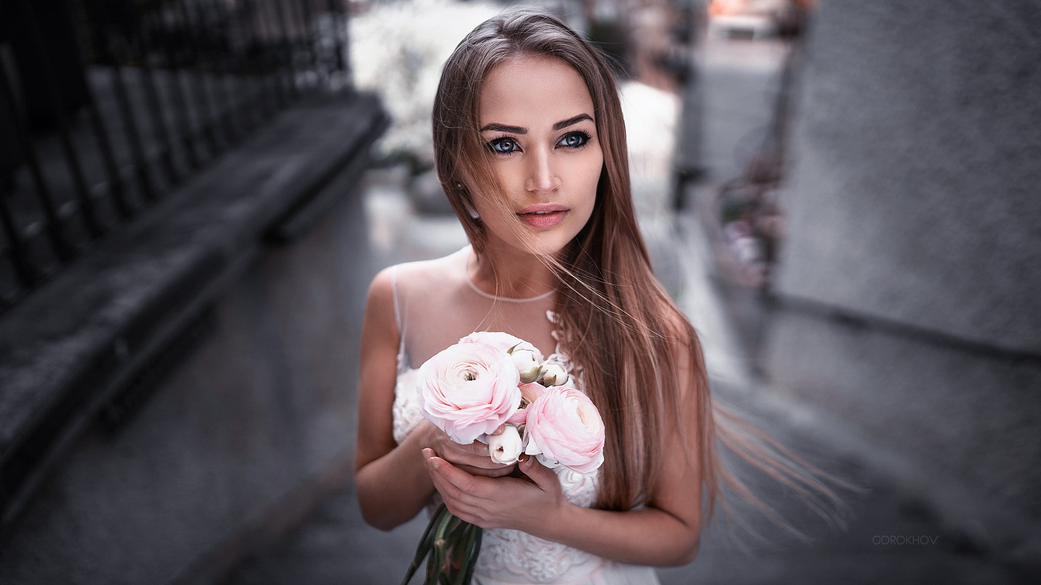 Mary Jane, 1080P, smirk, juicy lips, depth of field, Maria Puchnina, dress, long hair, face, Ivan Gorokhov, women, hazel eyes, brunette, flowers, wedding dress, HD Wallpaper