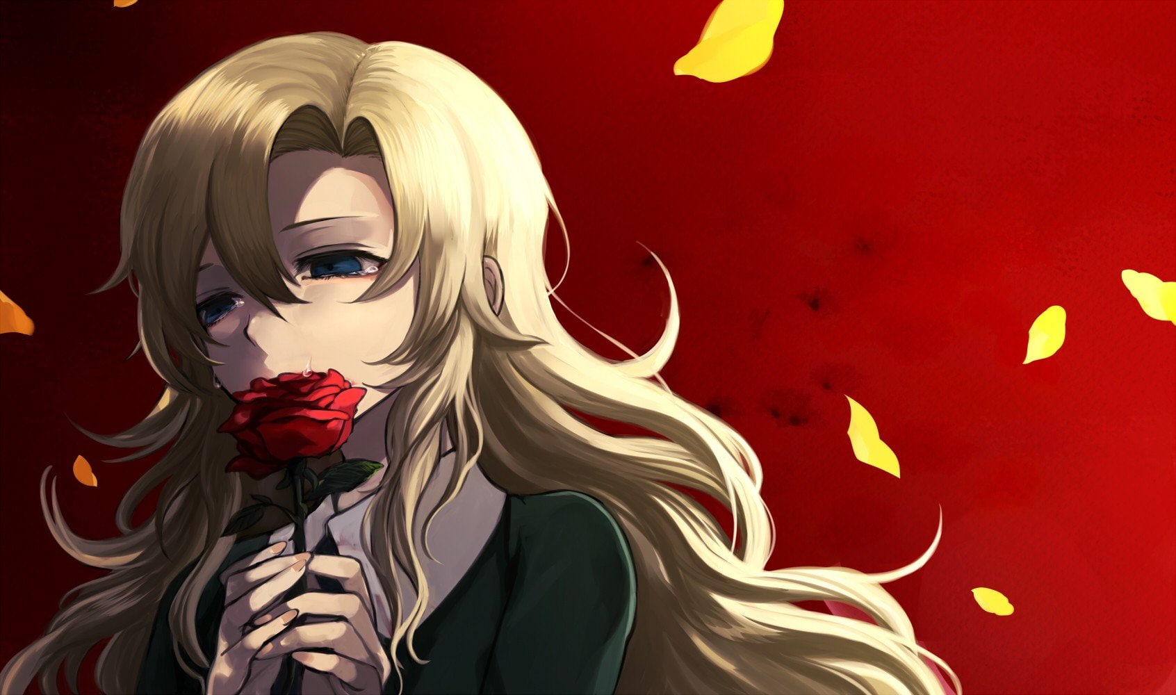 anime, flower, flowers, crying, tears, game, blue, eyes, hair, petals, 720P, roses, long, blondes, mary, girls, HD Wallpaper