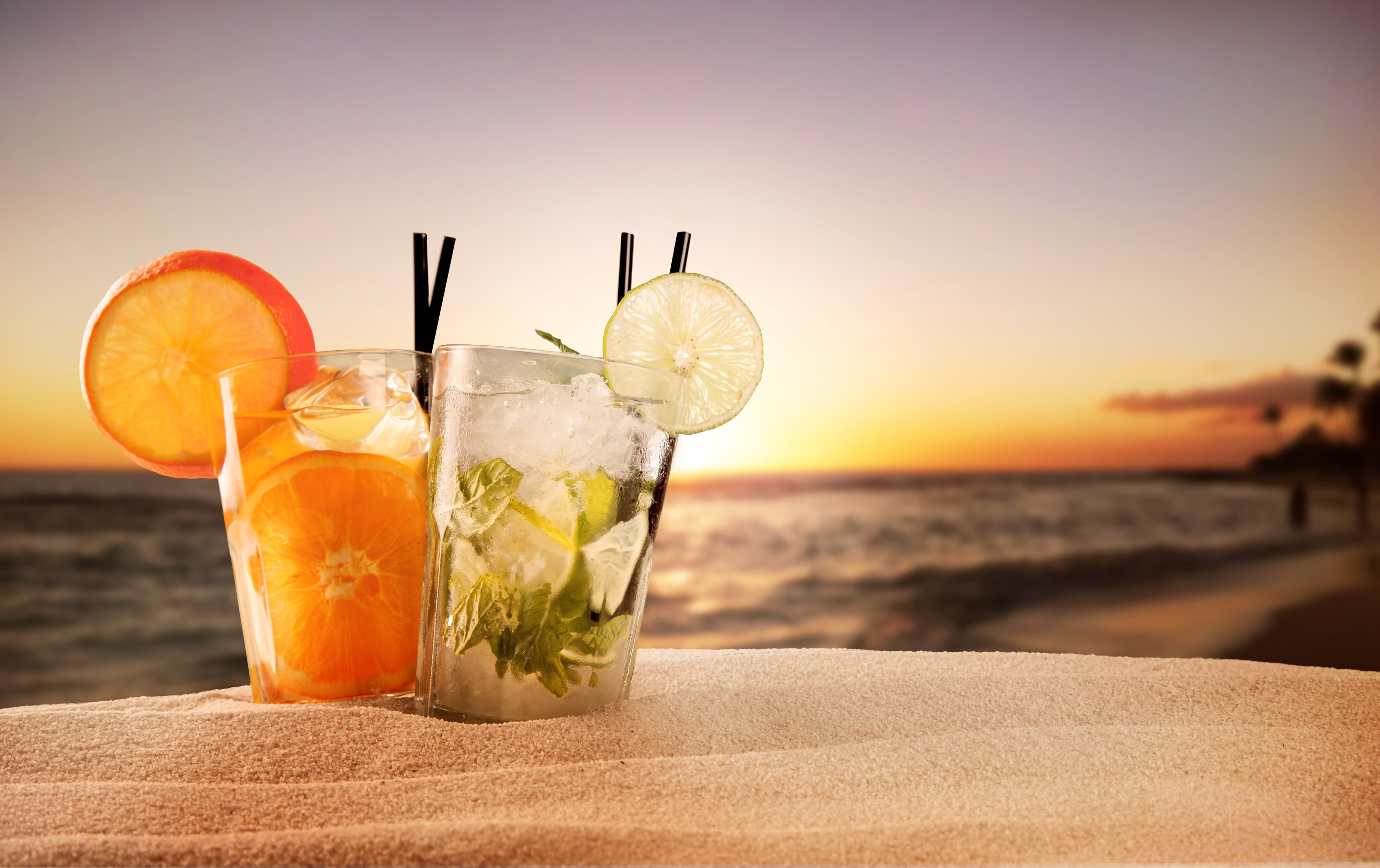 mint leaf - culinary, bokeh, sunset, freshness, orange color, drinking straw, mojito, citrus fruit, household equipment, garnish, outdoors, drinking glass, HD Wallpaper