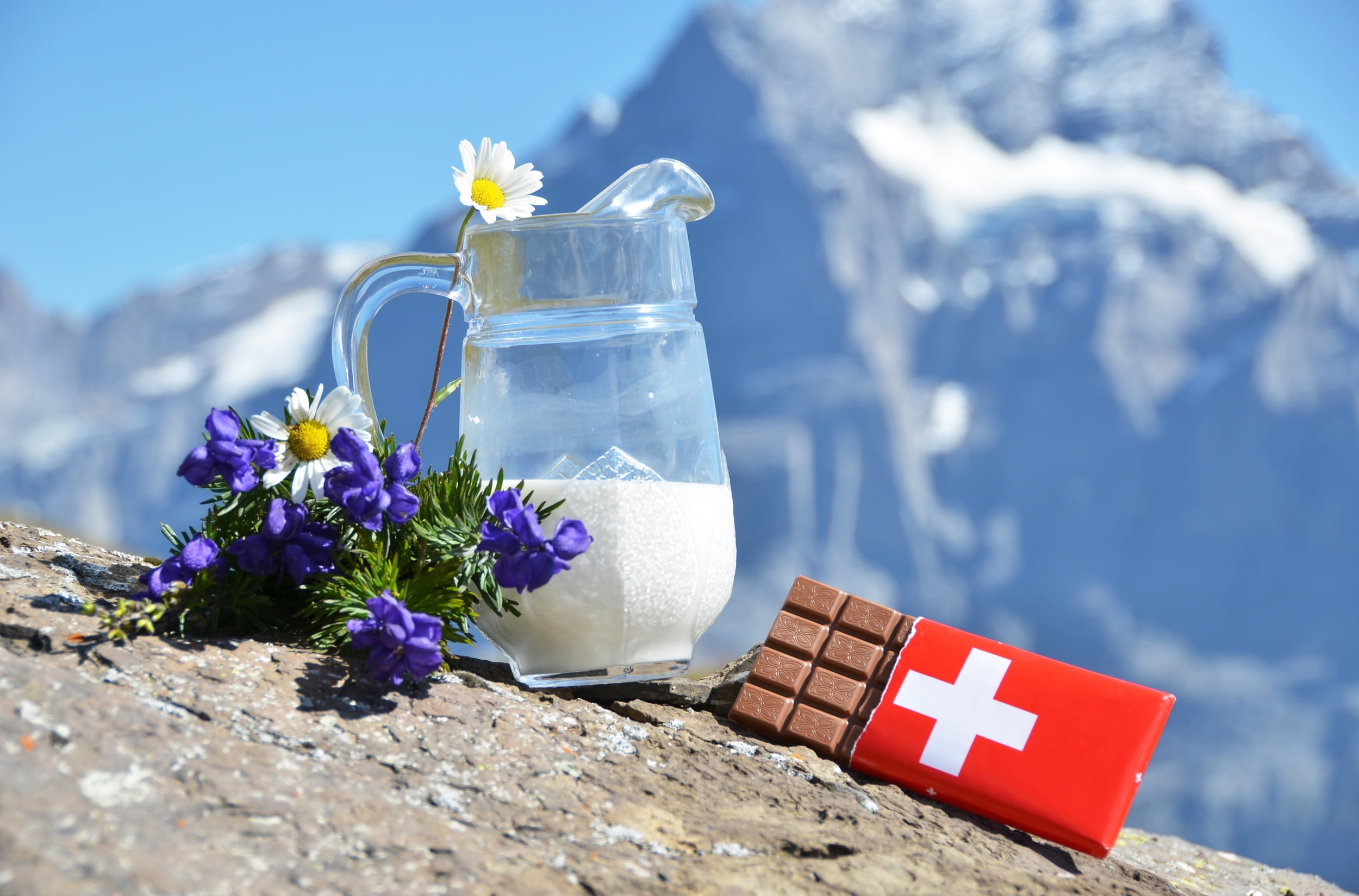 flowers, Alps, chocolate, milk, chamomile, Swiss, 1080P, HD Wallpaper