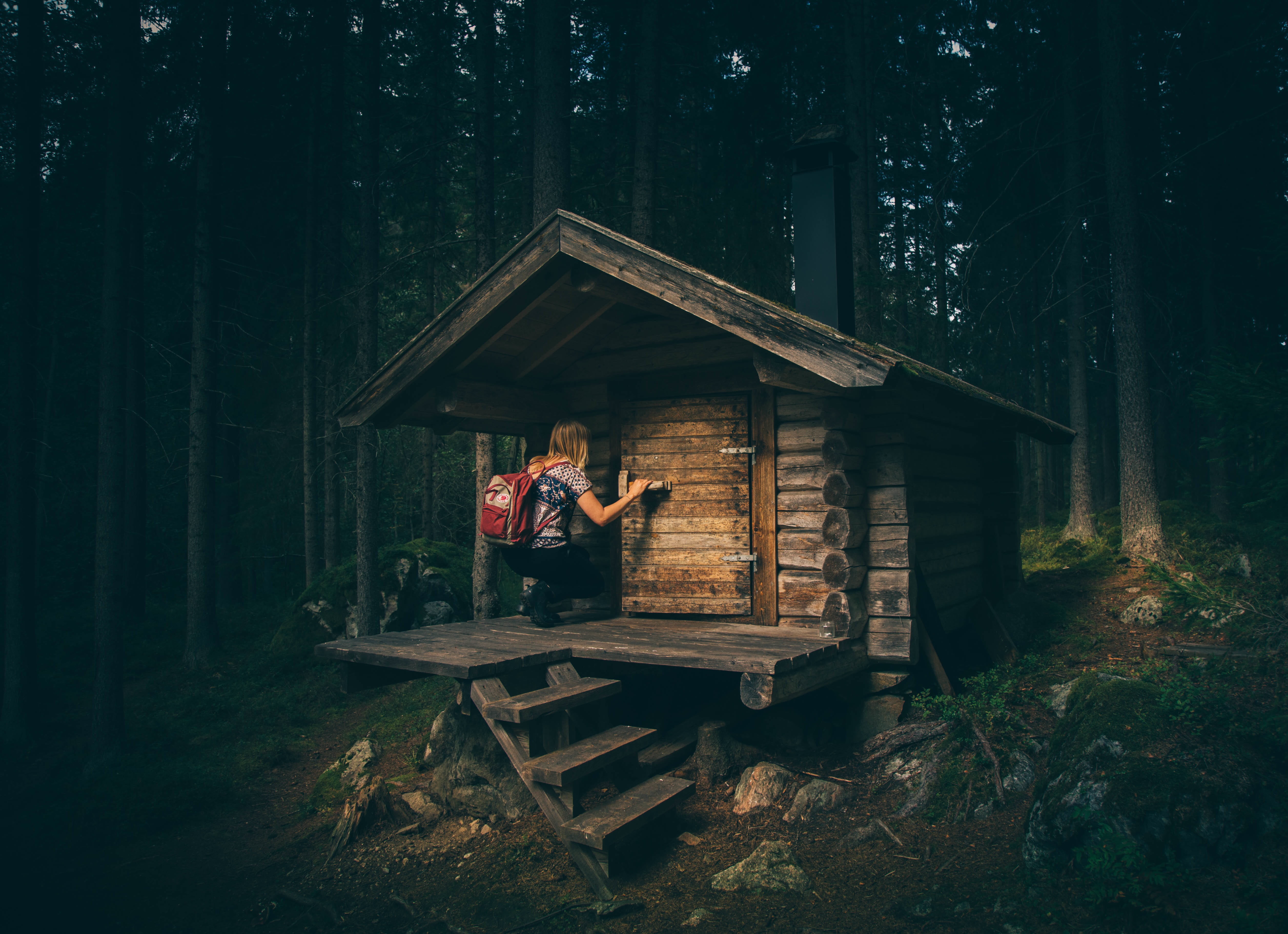 surrounded, architecture, wooden, cabin, forest, 4K, sitting, camping, women, night, outdoors, house, wood, middle, land, leisure activity, two people, HD Wallpaper
