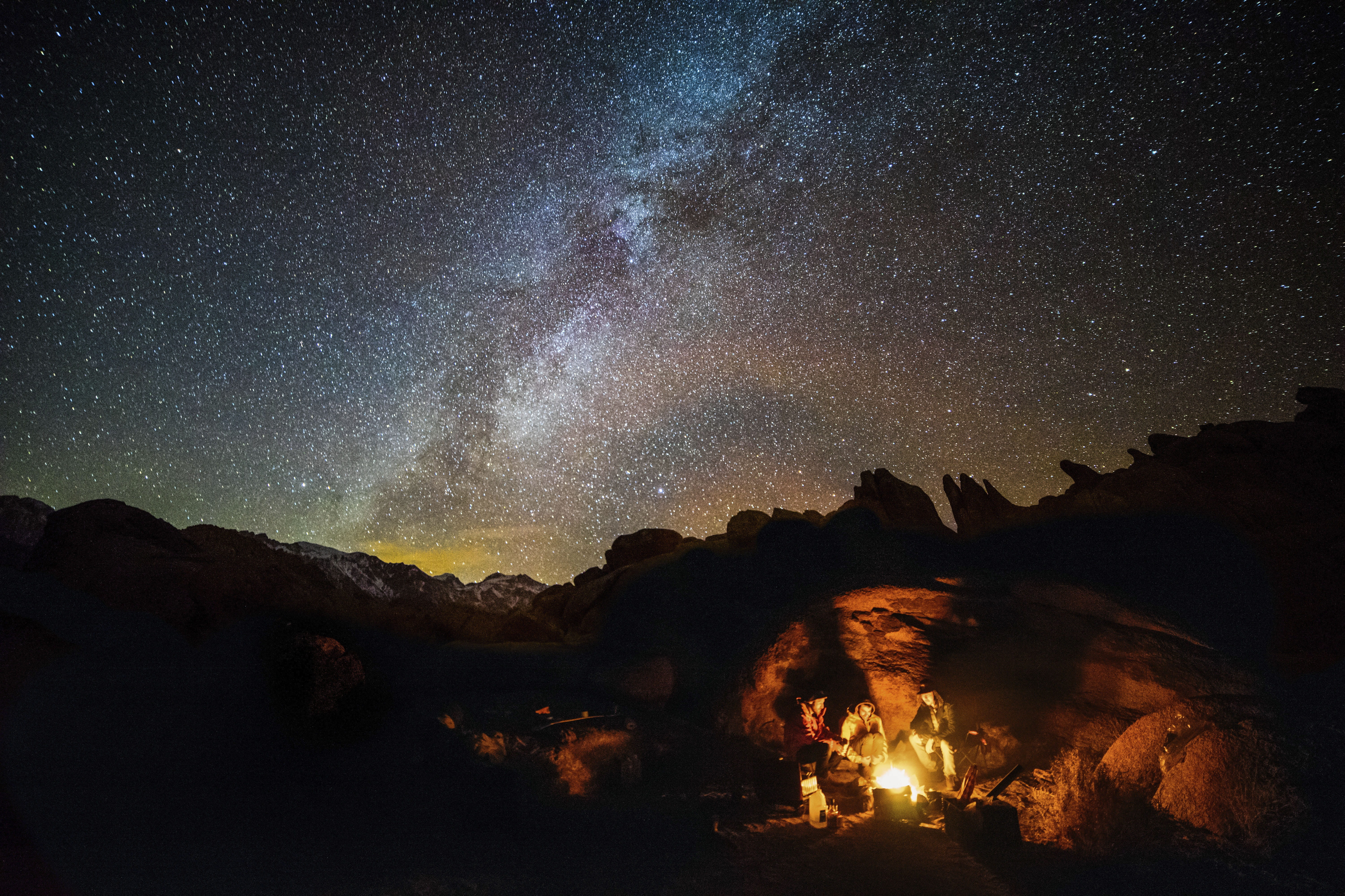 spark, space, fire - natural phenomenon, sitting, people, star - space, night, beauty in nature, burning, tranquil scene, milky way, travel, mountain, outdoor, HD Wallpaper
